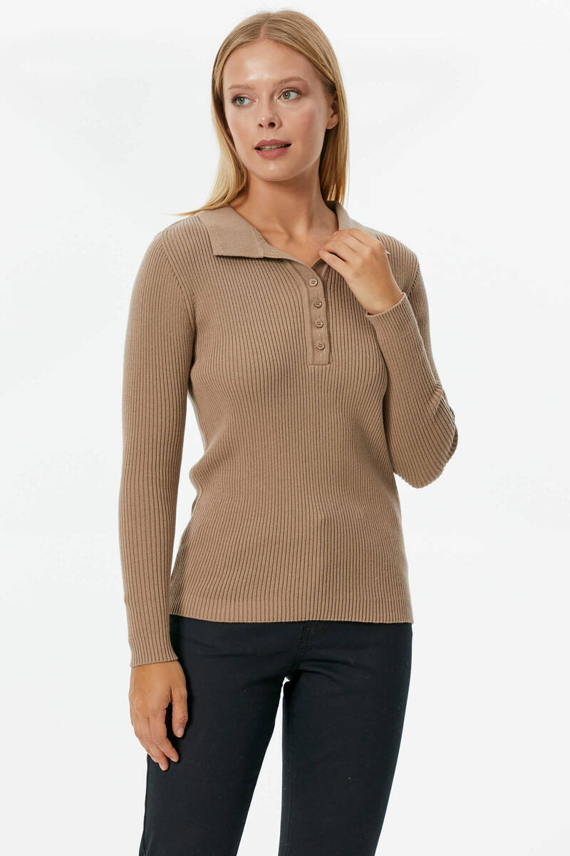 Patlı Polo Yaka Düğmeli Triko Kazak - Kum (3) Sementa