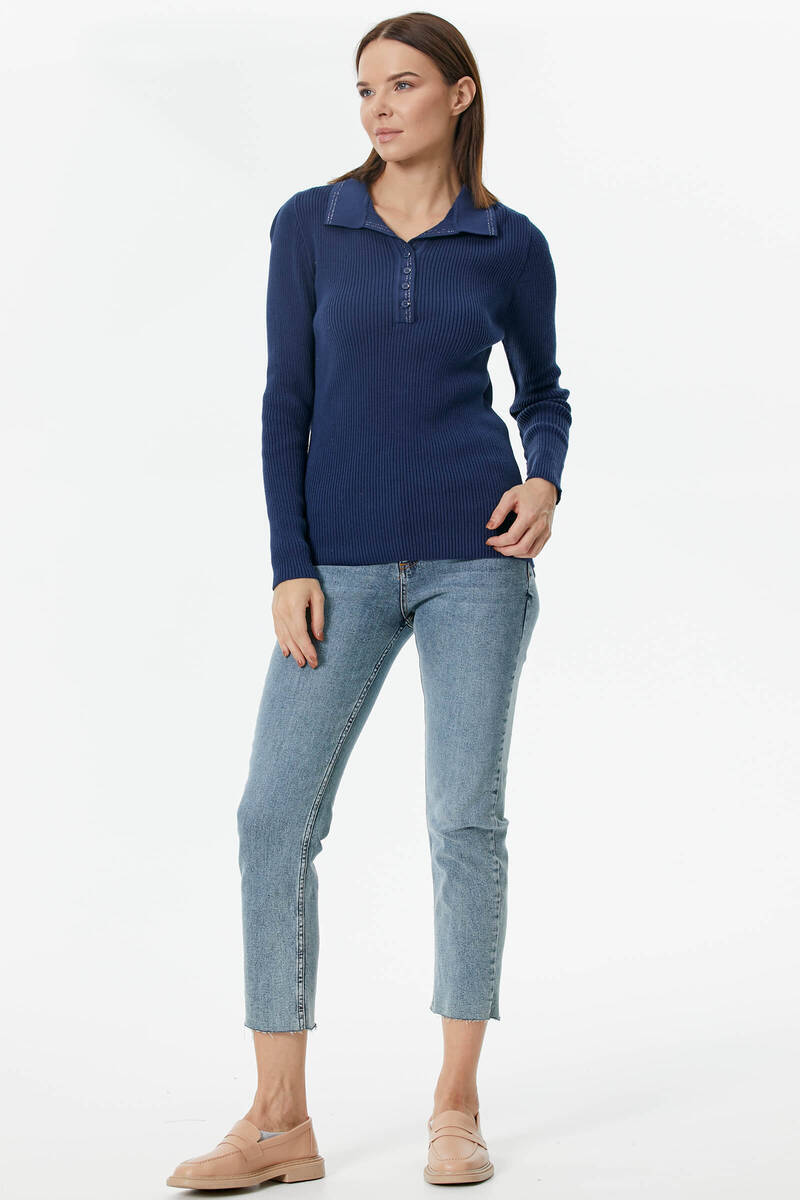 Patlı Polo Yaka Düğmeli Triko Kazak - Lacivert (1) Sementa