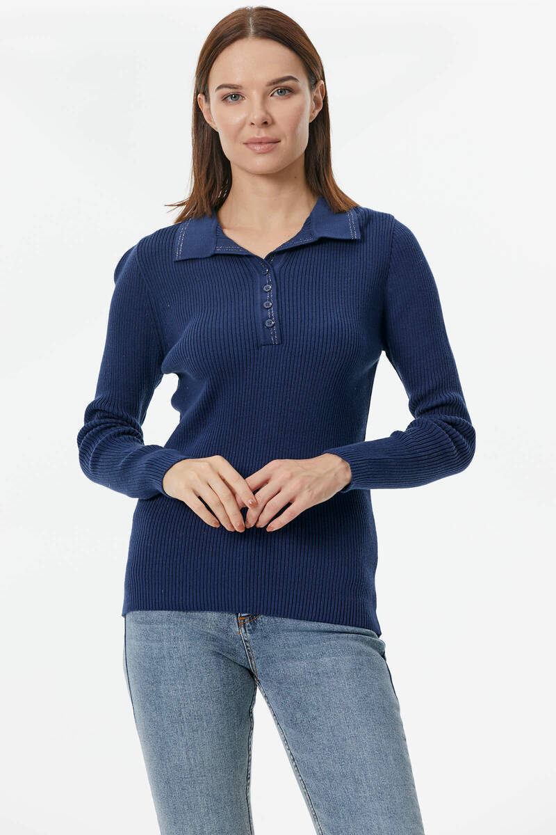 Patlı Polo Yaka Düğmeli Triko Kazak - Lacivert (2) Sementa