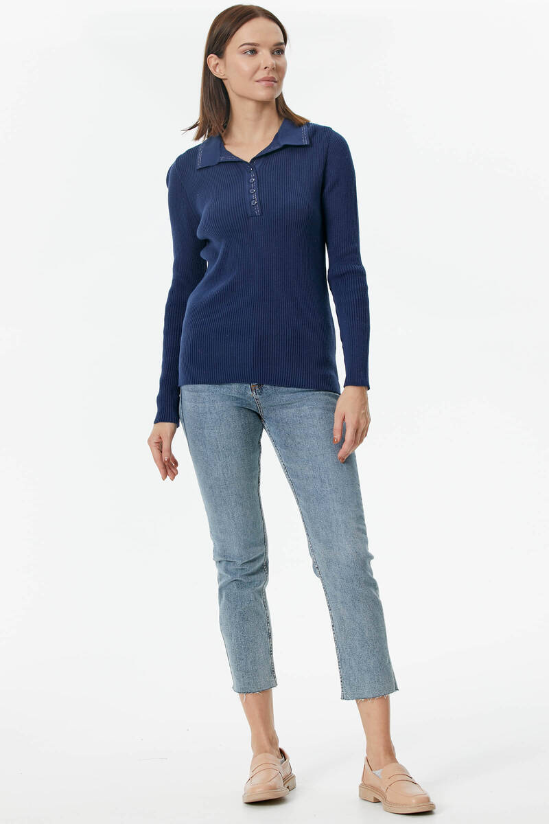 Patlı Polo Yaka Düğmeli Triko Kazak - Lacivert (3) Sementa