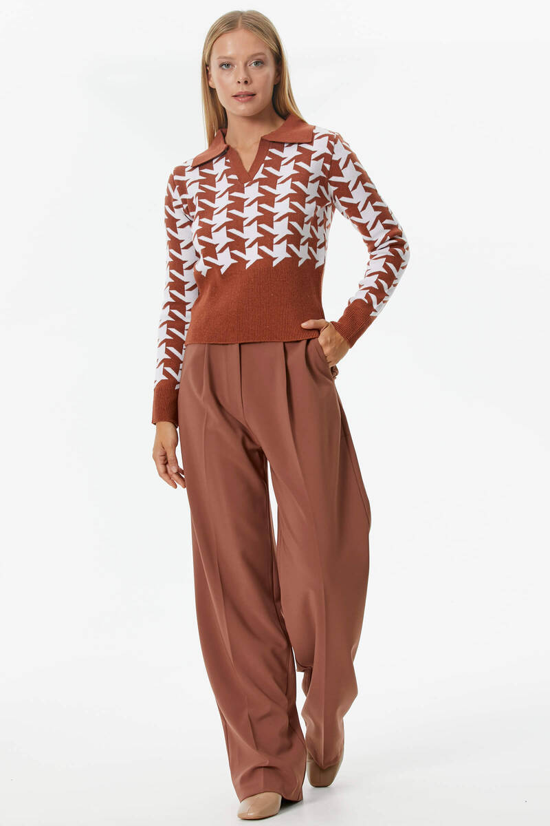 Patlı Polo Yaka Kazayağı Desenli Triko Kazak - Kiremit (2) Sementa