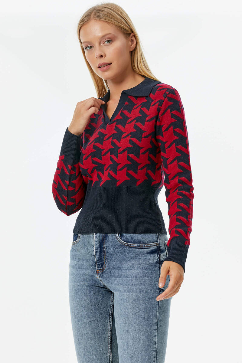 Patlı Polo Yaka Kazayağı Desenli Triko Kazak - Lacivert (1) Sementa