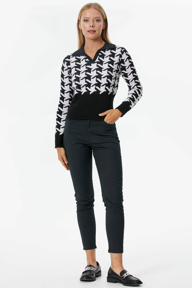 Patlı Polo Yaka Kazayağı Desenli Triko Kazak - Siyah (2) Sementa