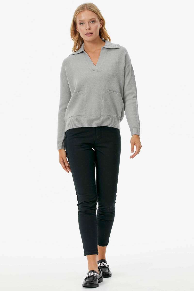 Polo Yaka Cepli Triko Kazak - Açık Gri (2) Sementa