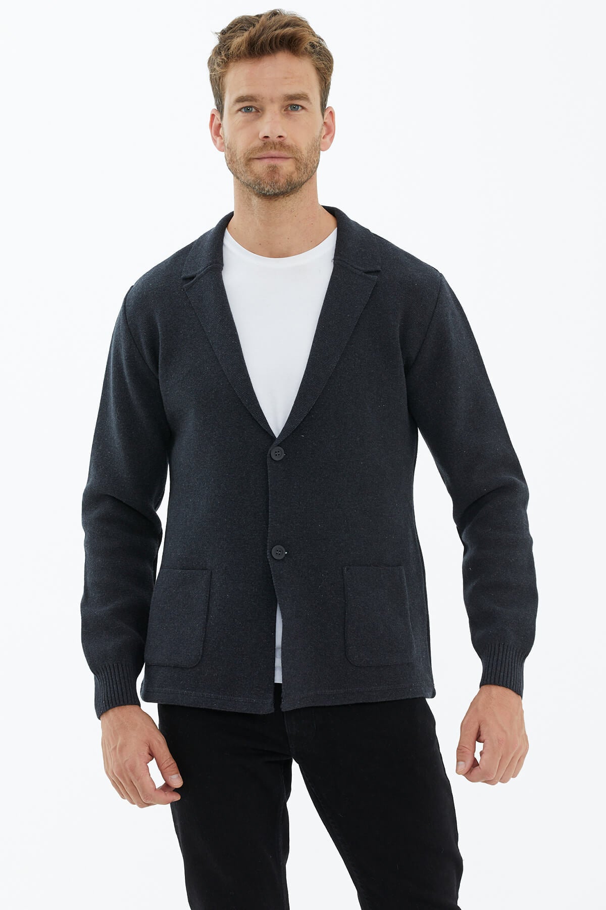 Polo Yaka Düğmeli Triko Ceket - Antrasit (2) Sementa