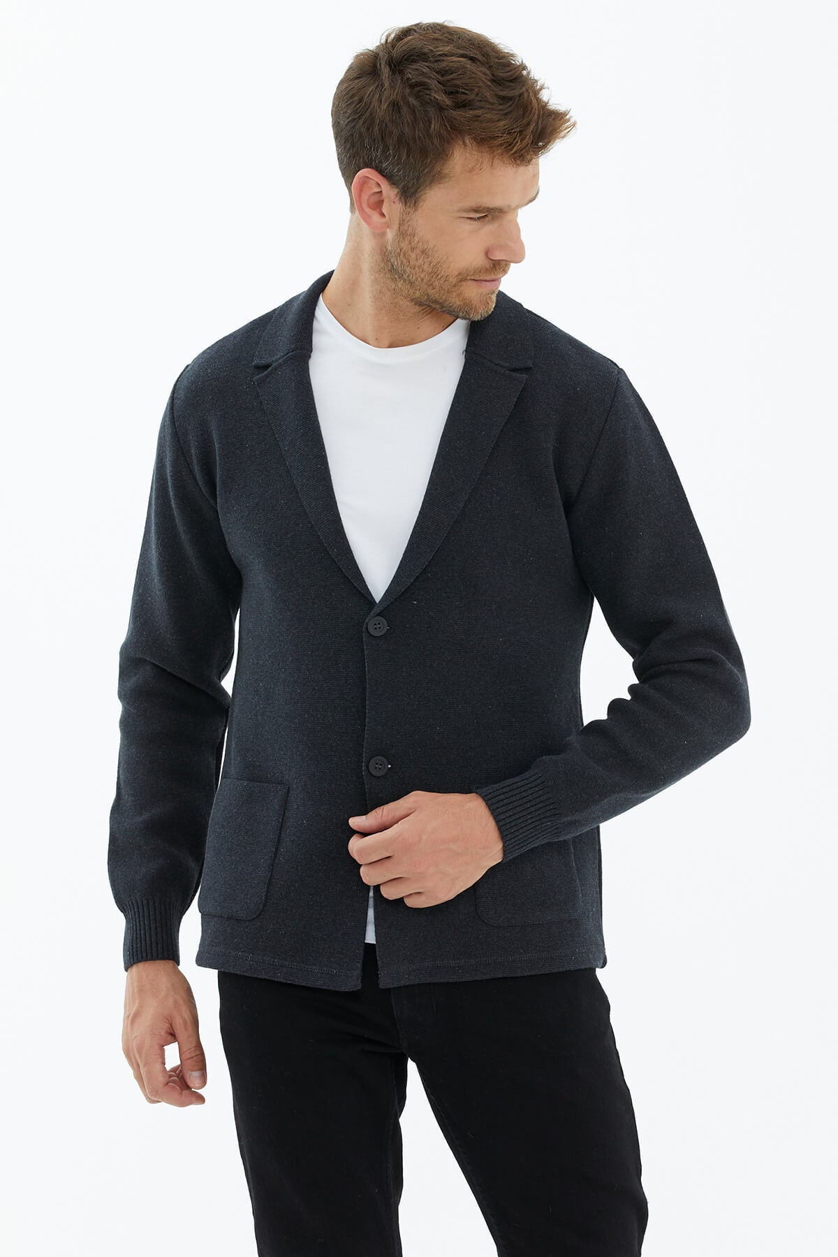 Polo Yaka Düğmeli Triko Ceket - Antrasit (3) Sementa