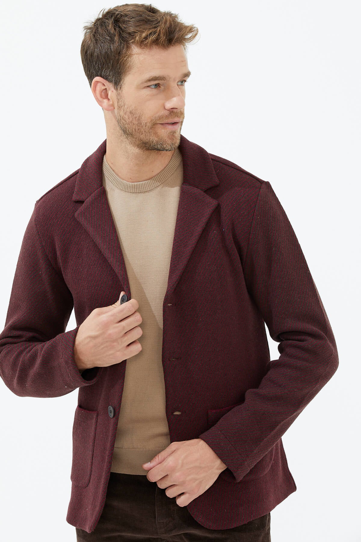 Polo Yaka Düğmeli Triko Ceket - Bordo (3) Sementa