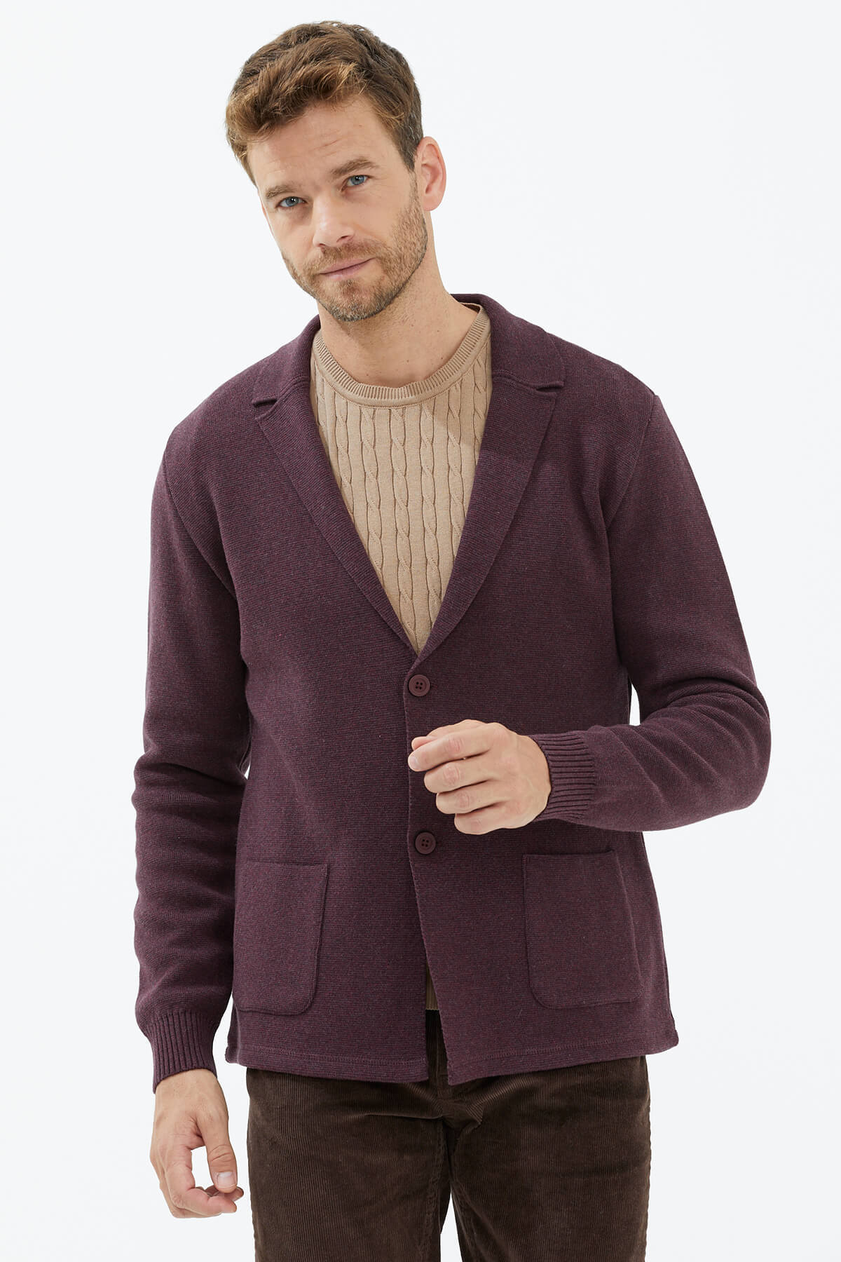 Polo Yaka Düğmeli Triko Ceket - Gül (2) Sementa