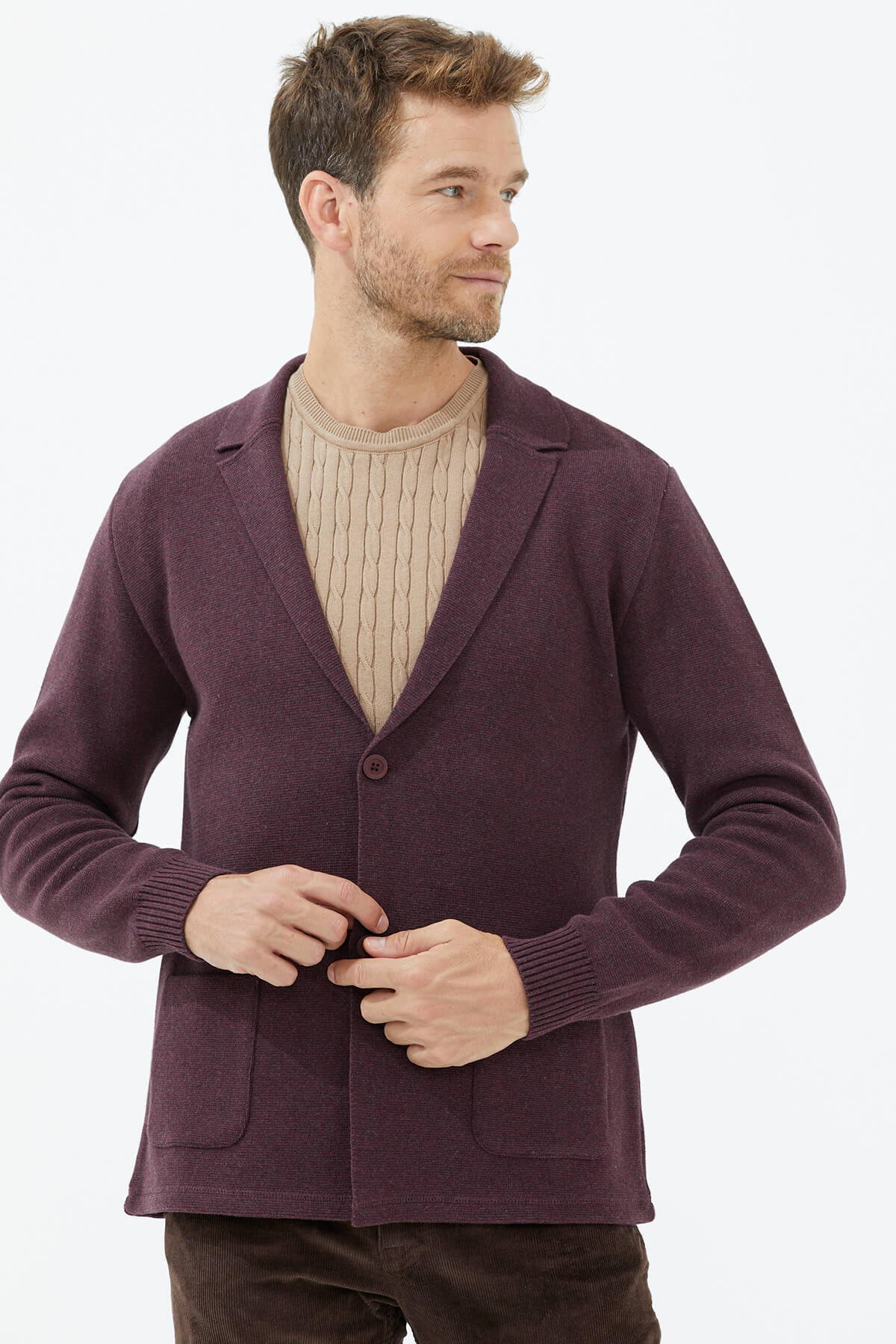 Polo Yaka Düğmeli Triko Ceket - Gül (3) Sementa