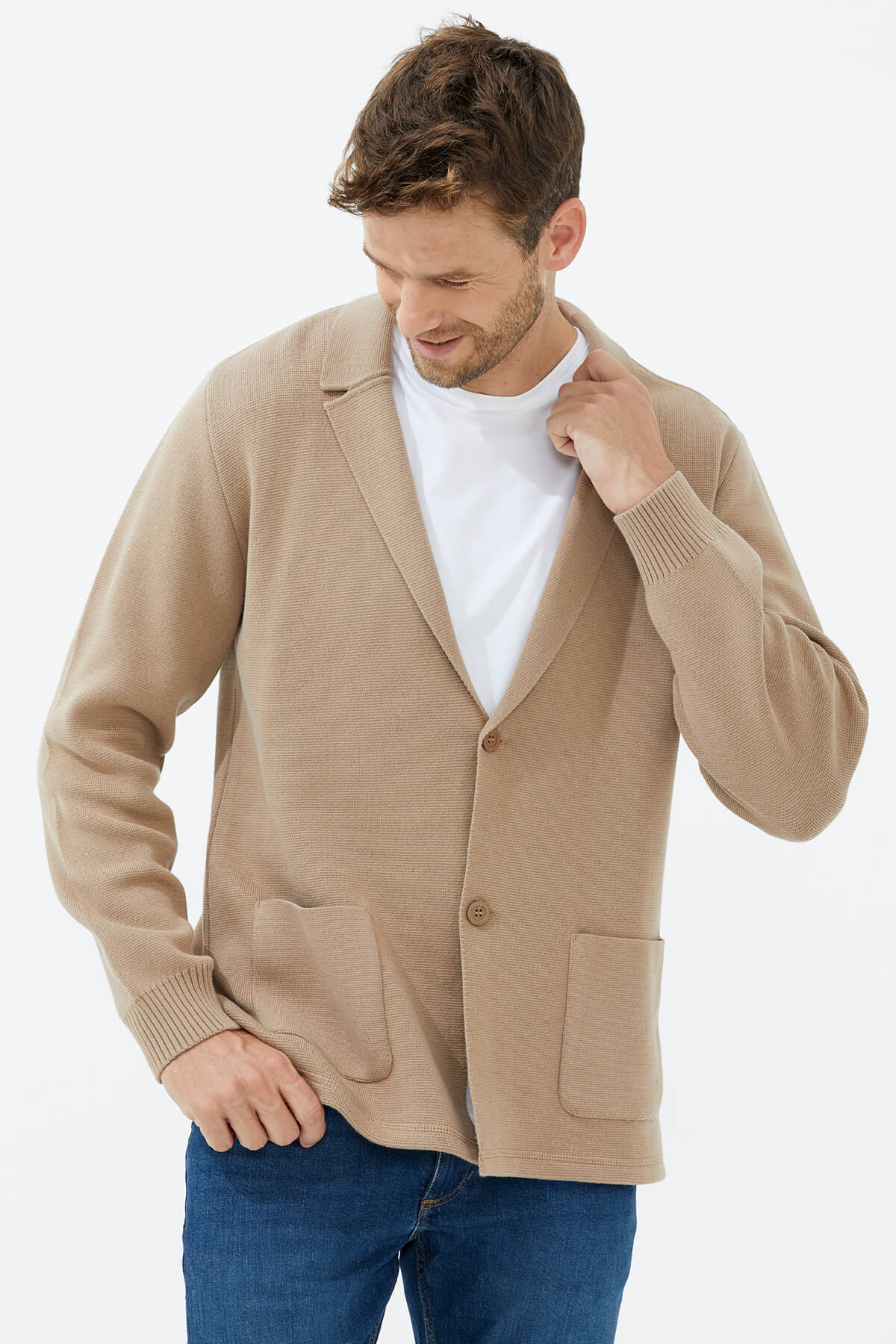 Polo Yaka Düğmeli Triko Ceket - Kamel (2) Sementa