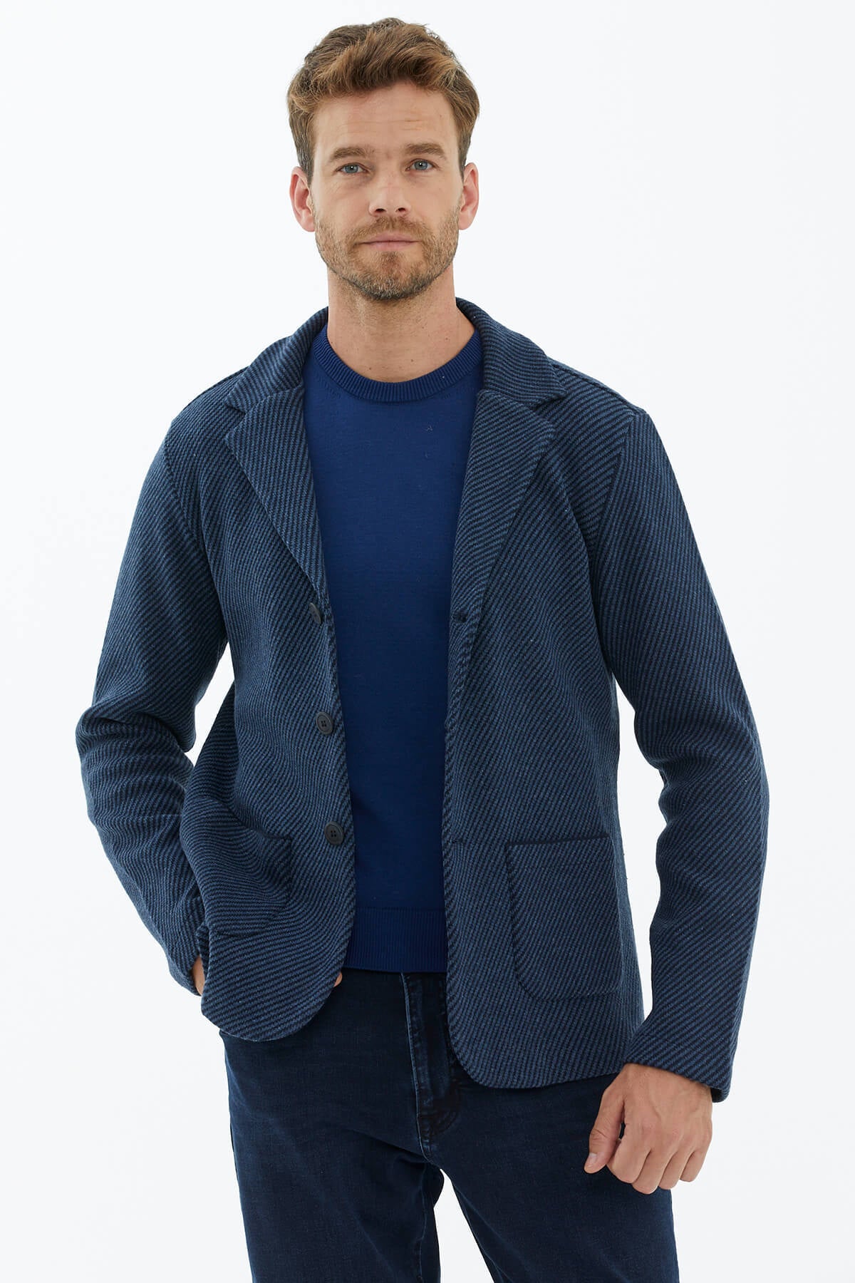 Polo Yaka Düğmeli Triko Ceket - Lacivert (1) Sementa