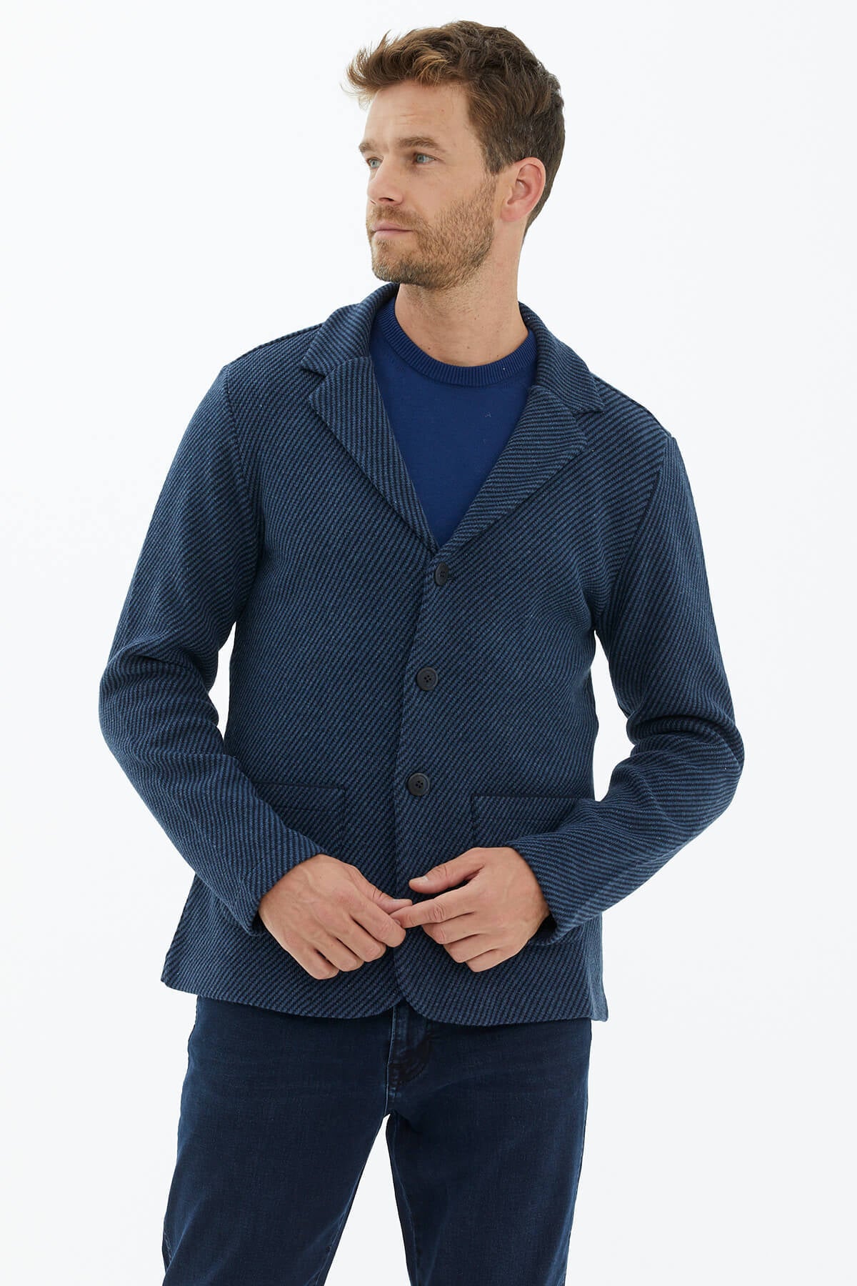 Polo Yaka Düğmeli Triko Ceket - Lacivert (3) Sementa