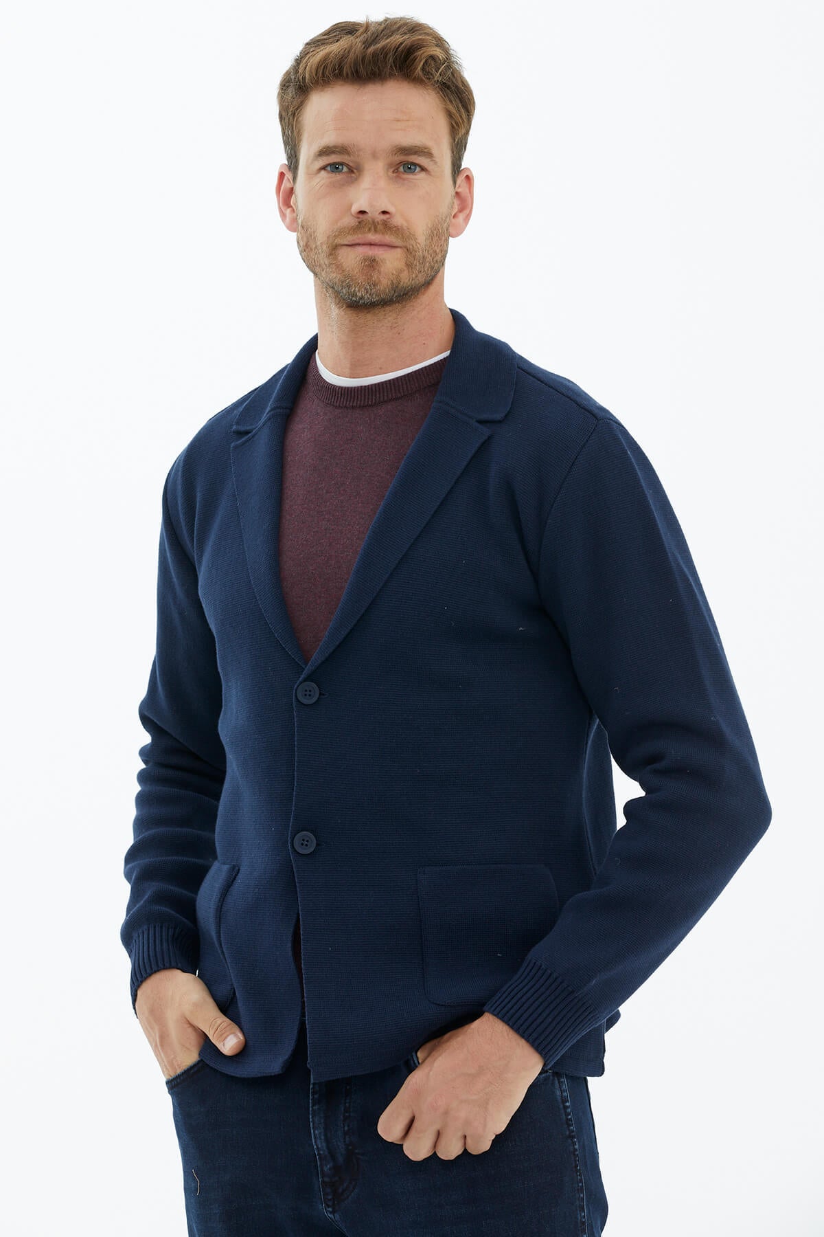 Polo Yaka Düğmeli Triko Ceket - Lacivert (2) Sementa