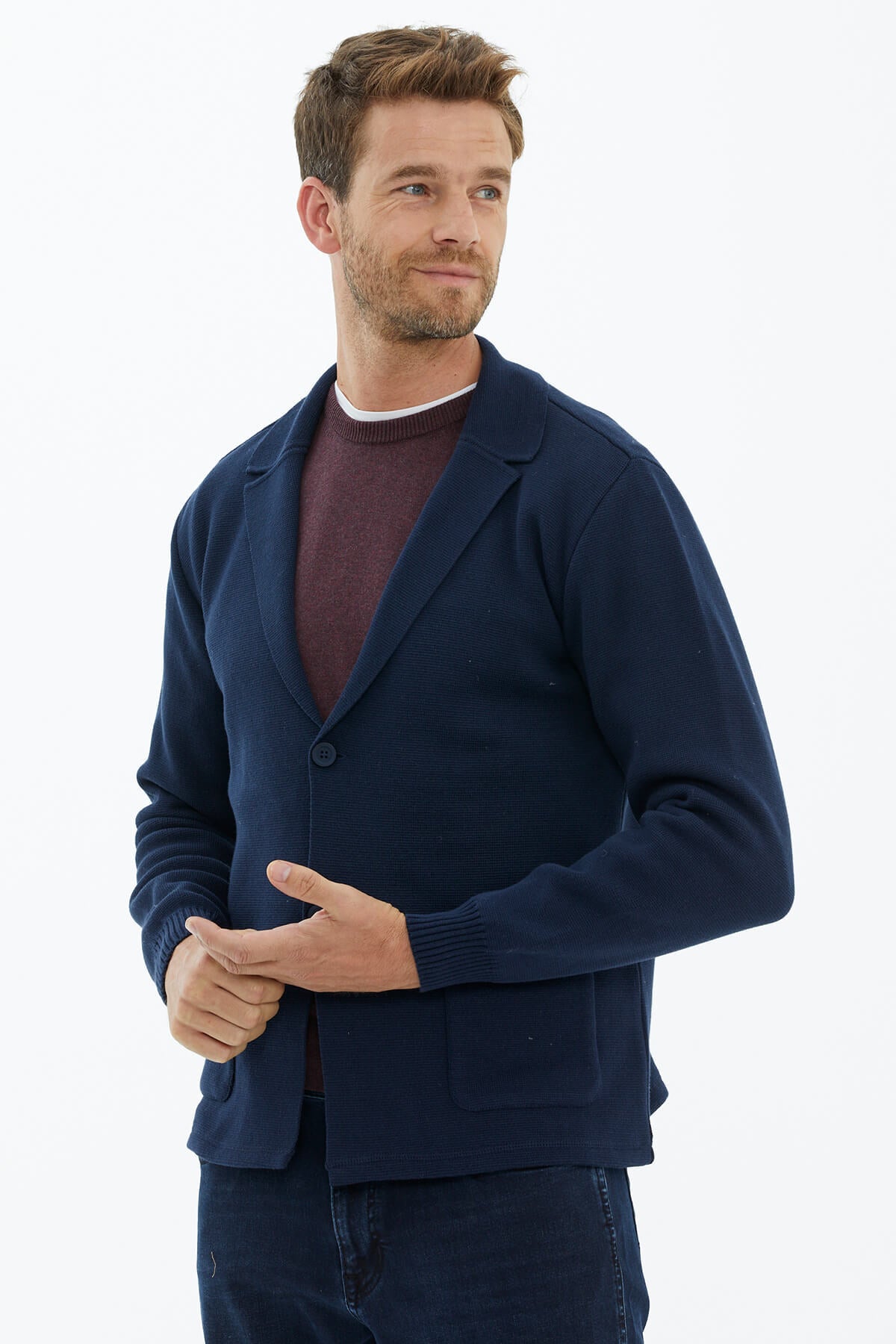 Polo Yaka Düğmeli Triko Ceket - Lacivert (3) Sementa