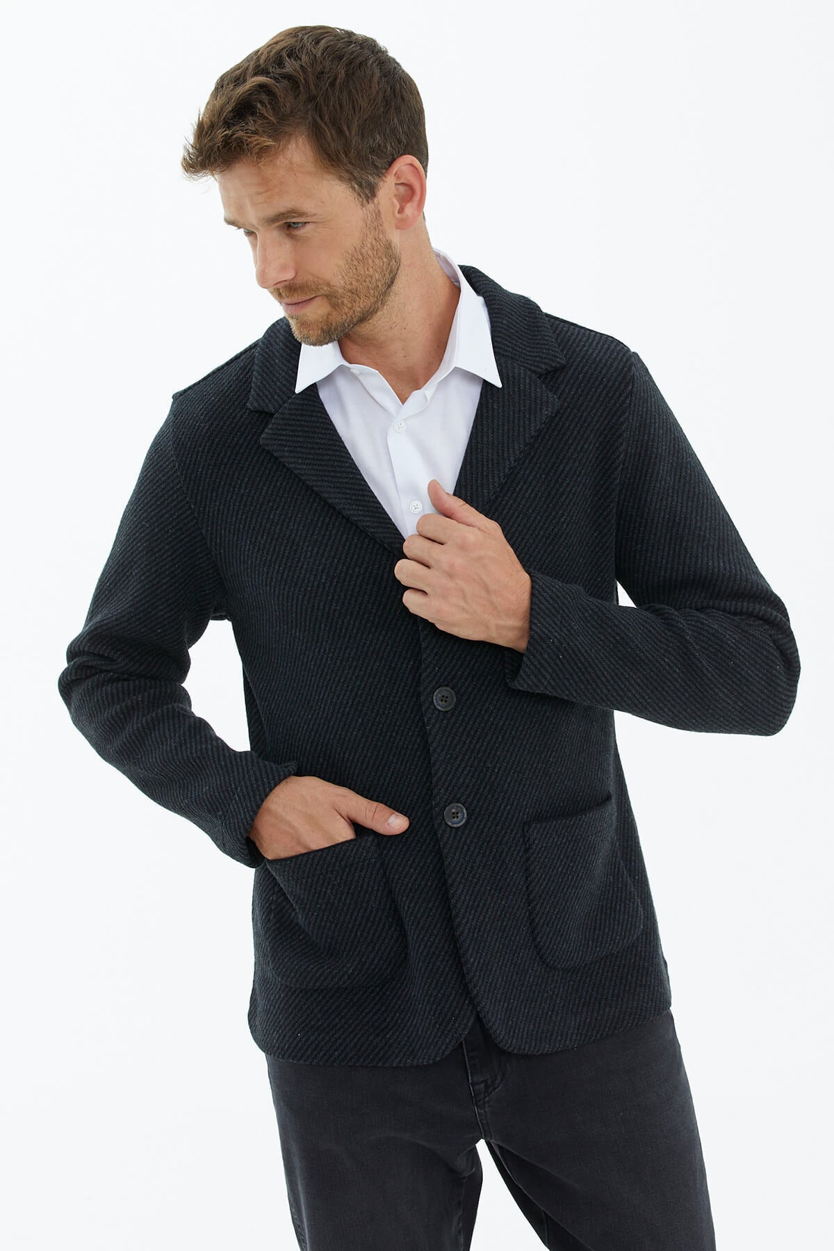 Polo Yaka Düğmeli Triko Ceket - Siyah (1) Sementa