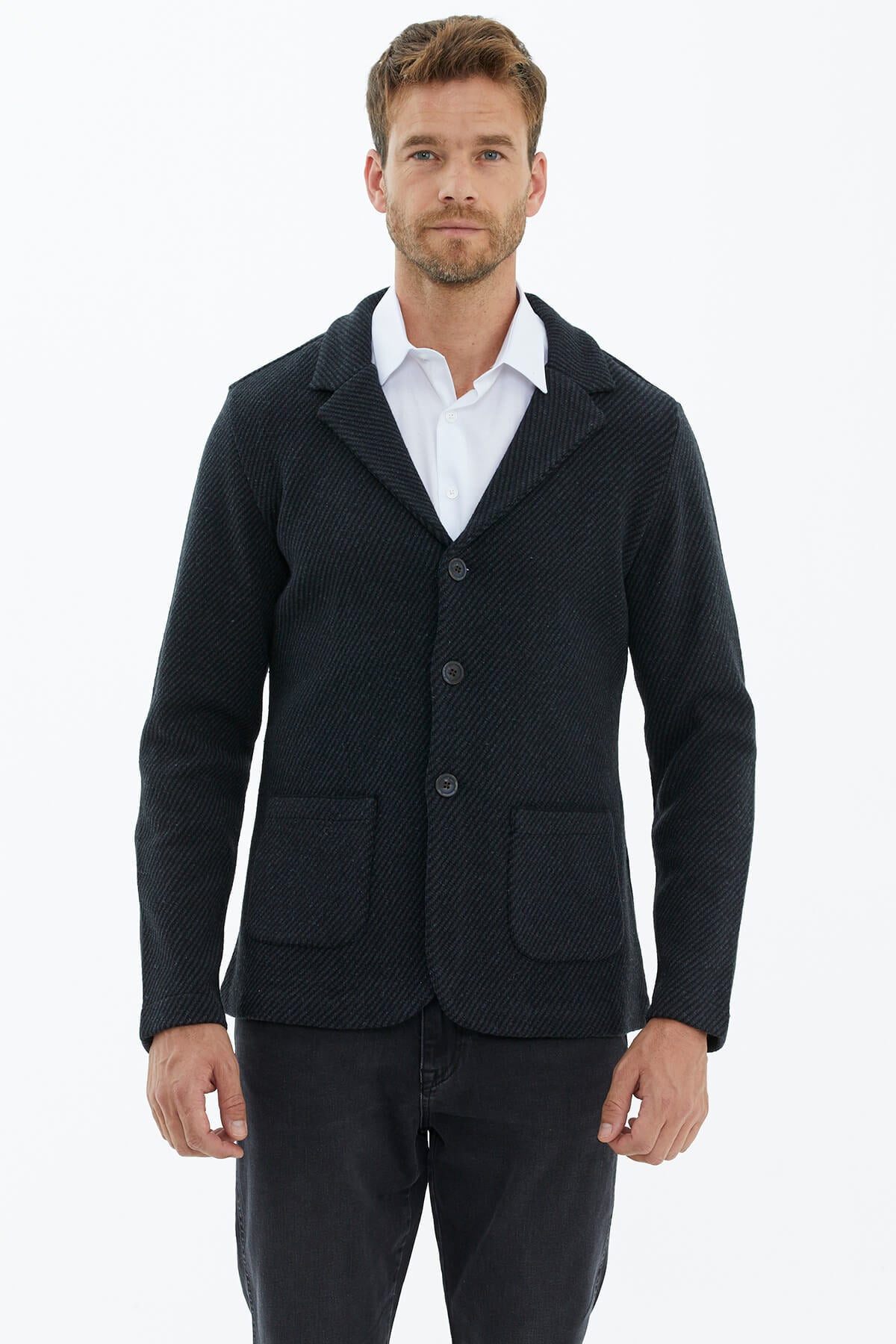 Polo Yaka Düğmeli Triko Ceket - Siyah (2) Sementa