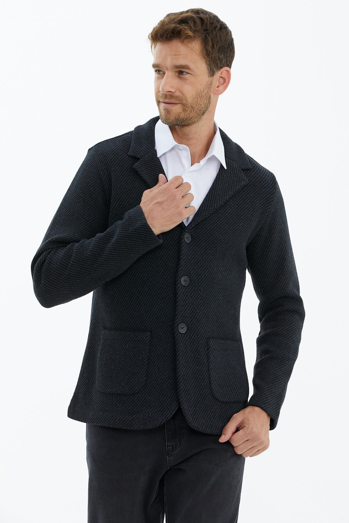 Polo Yaka Düğmeli Triko Ceket - Siyah (3) Sementa