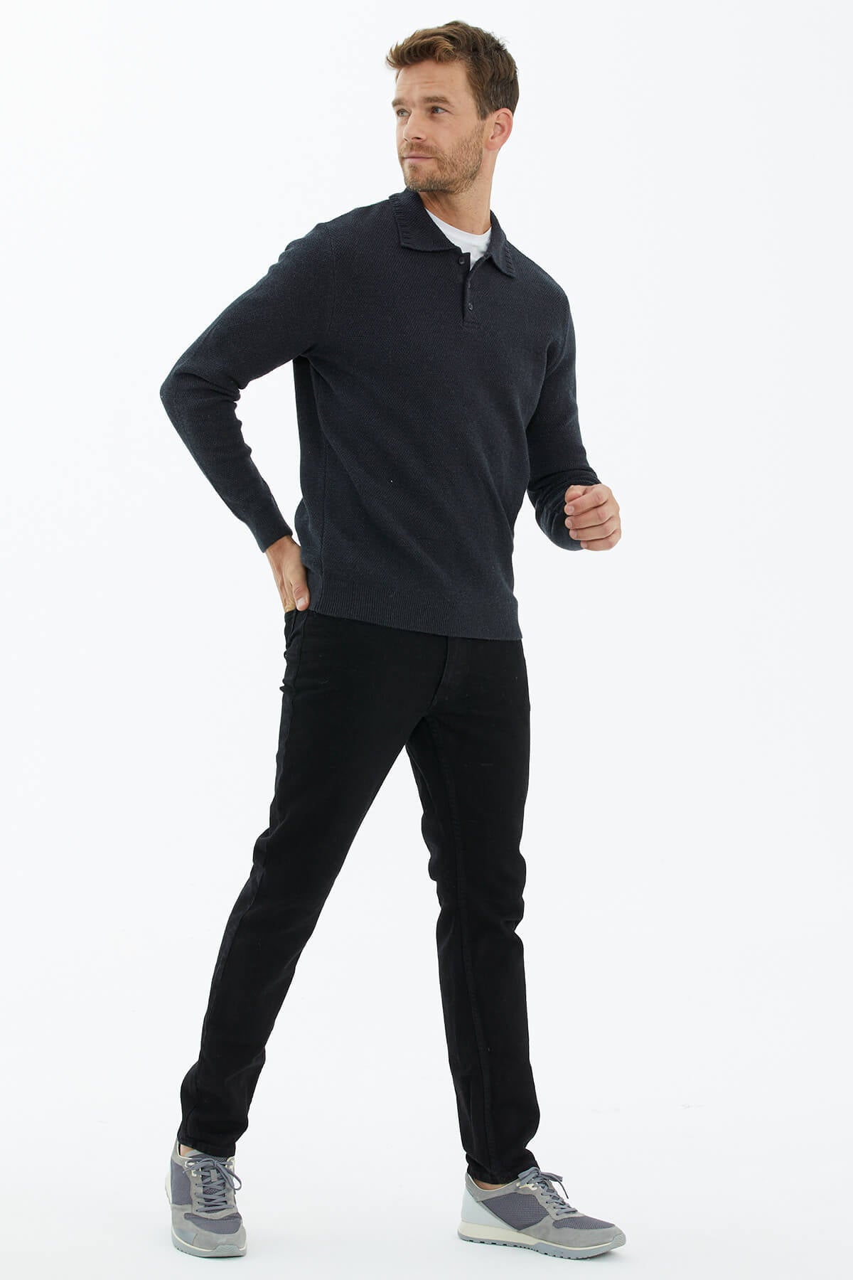 Polo Yaka Düğmeli Triko Kazak - Antrasit (3) Sementa