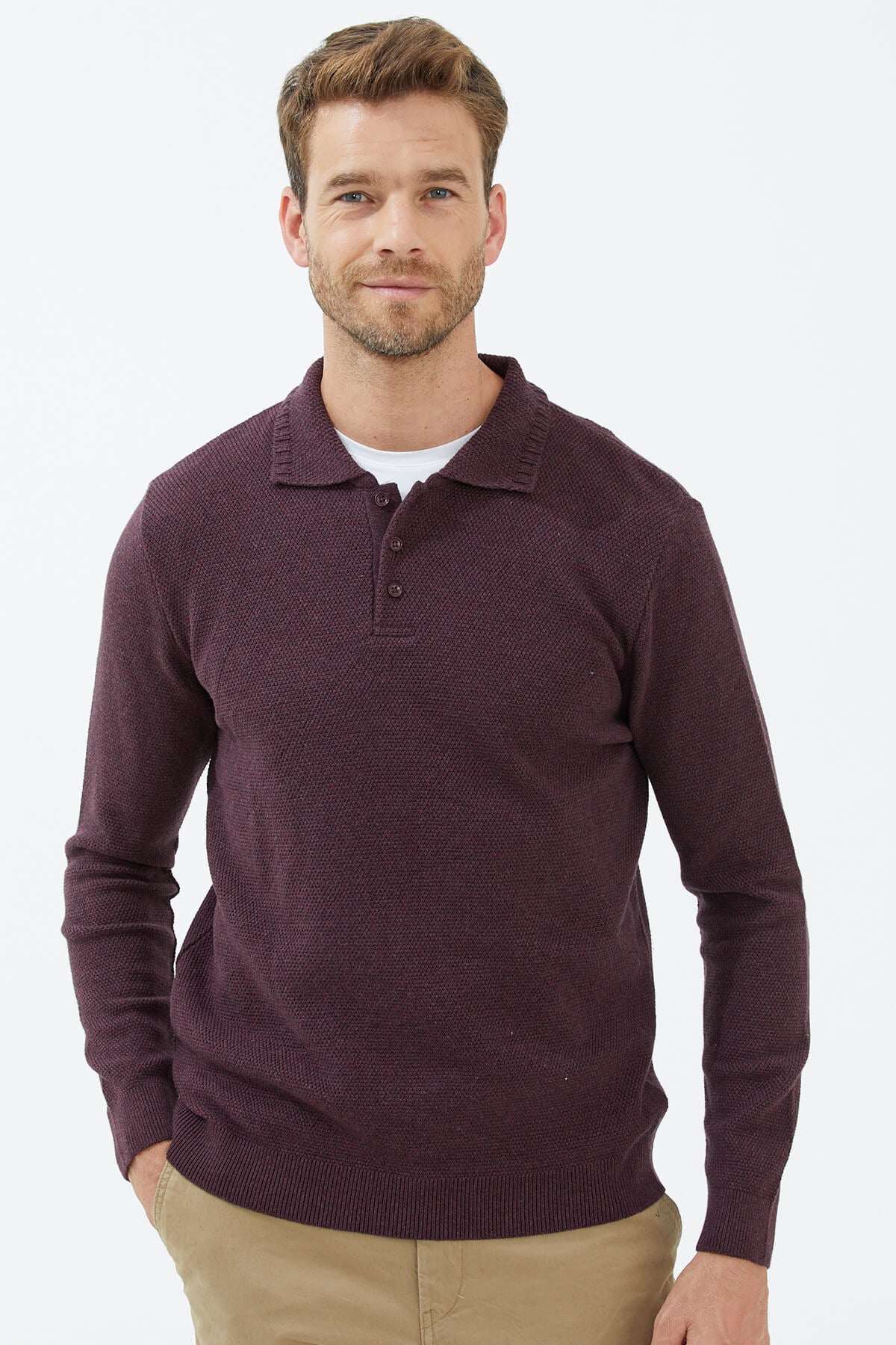 Polo Yaka Düğmeli Triko Kazak - Gül (2) Sementa