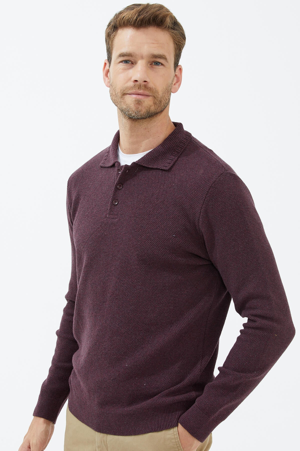 Polo Yaka Düğmeli Triko Kazak - Gül (3) Sementa