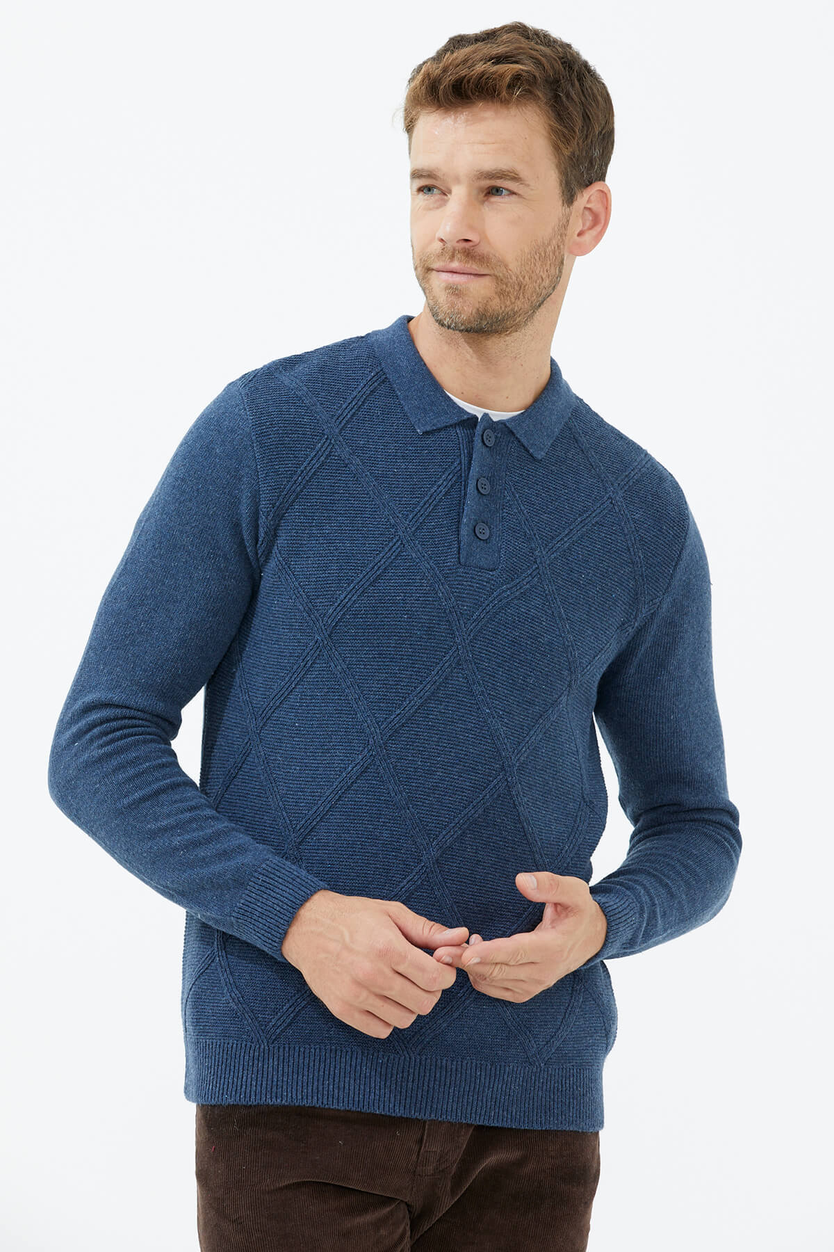 Polo Yaka Düğmeli Triko Kazak - Indigo (1) Sementa