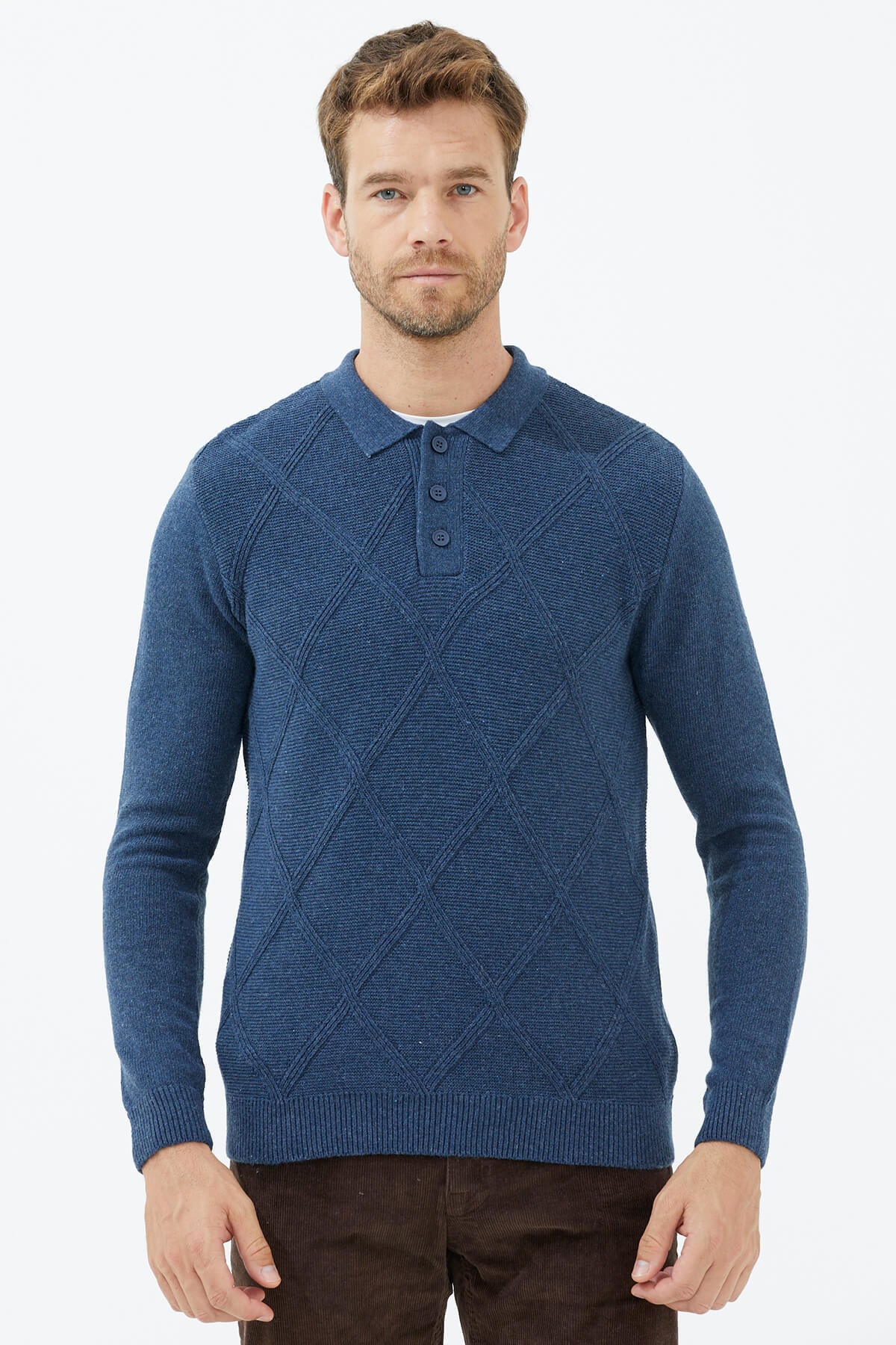 Polo Yaka Düğmeli Triko Kazak - Indigo (2) Sementa