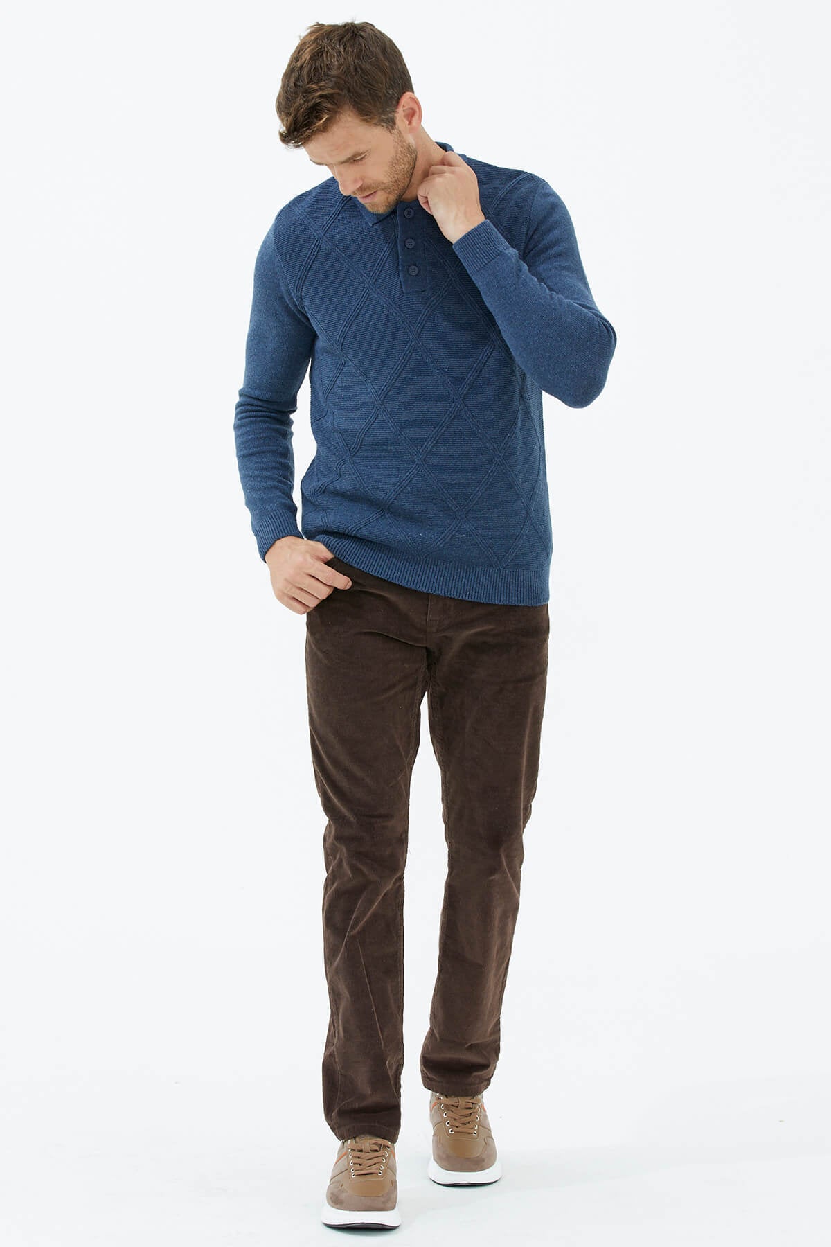 Polo Yaka Düğmeli Triko Kazak - Indigo (3) Sementa