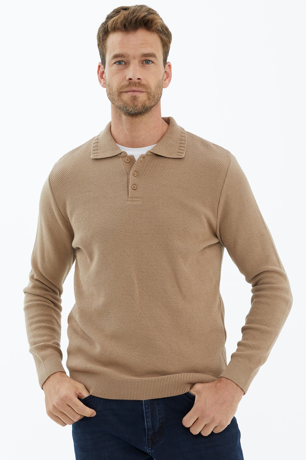 Polo Yaka Düğmeli Triko Kazak - Kamel (1) Sementa