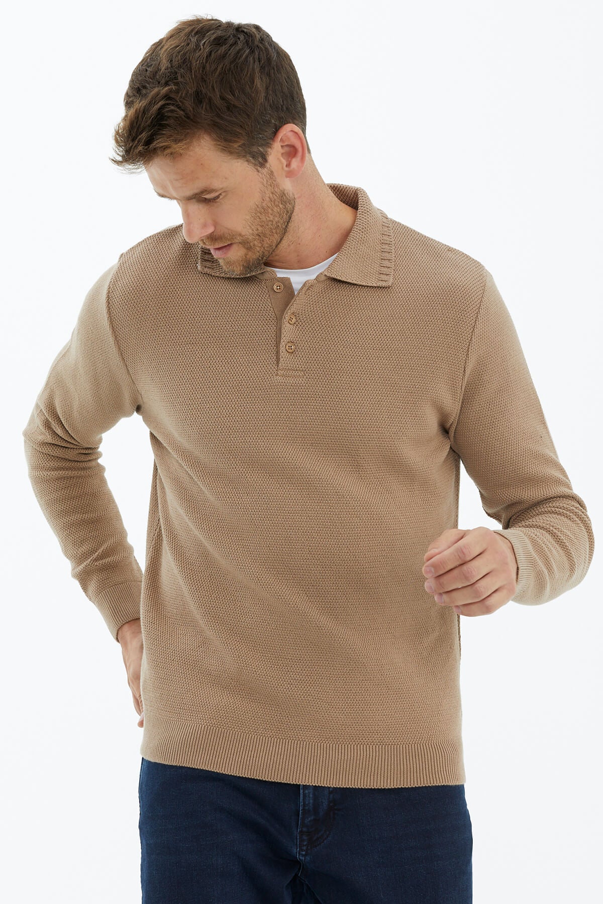 Polo Yaka Düğmeli Triko Kazak - Kamel (3) Sementa