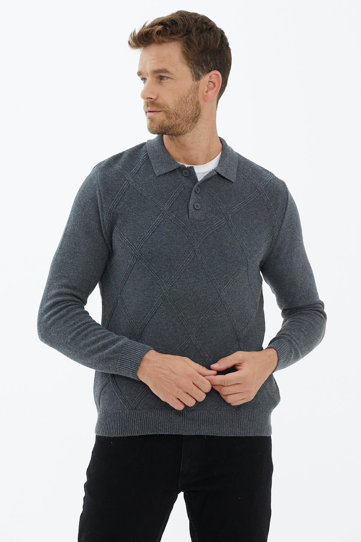 Polo Yaka Düğmeli Triko Kazak - Koyu Gri (2) Sementa