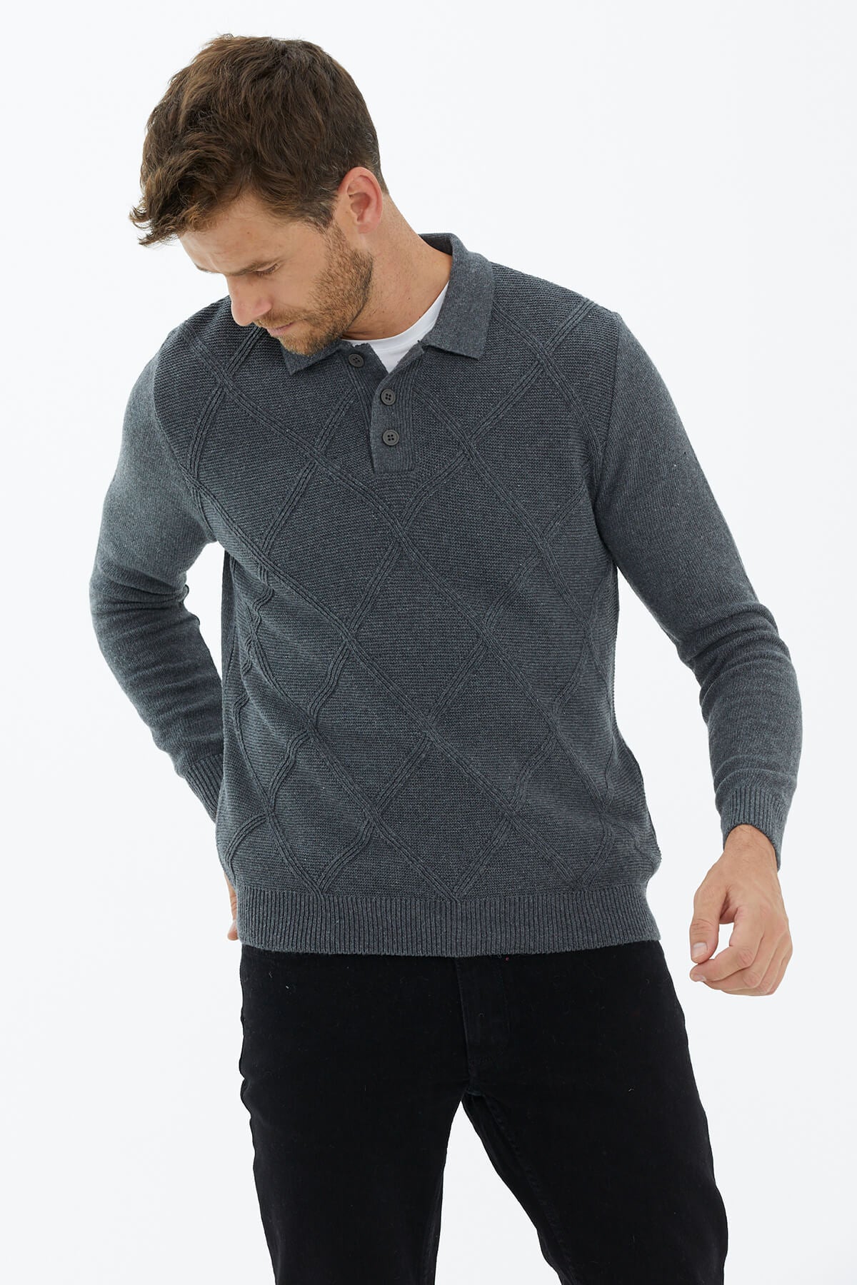 Polo Yaka Düğmeli Triko Kazak - Koyu Gri (3) Sementa