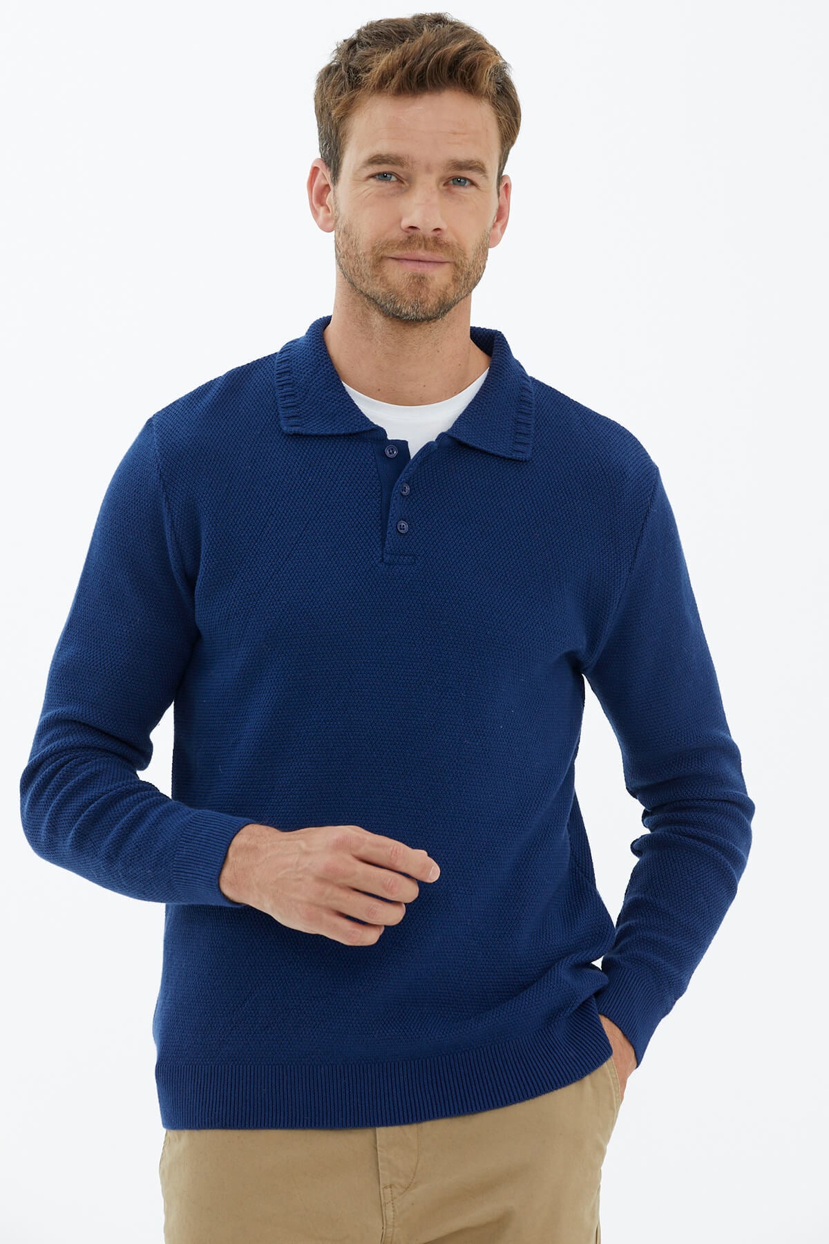 Polo Yaka Düğmeli Triko Kazak - Lacivert (1) Sementa