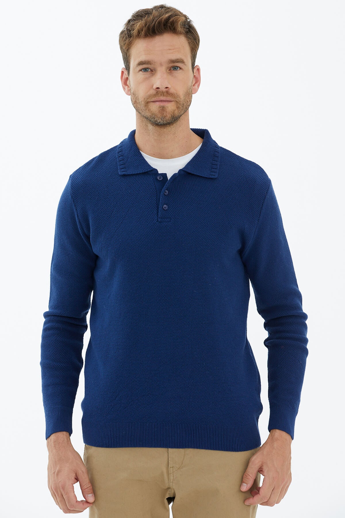 Polo Yaka Düğmeli Triko Kazak - Lacivert (2) Sementa