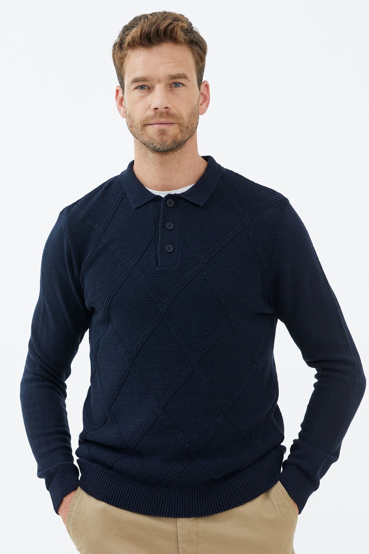 Polo Yaka Düğmeli Triko Kazak - Lacivert (2) Sementa