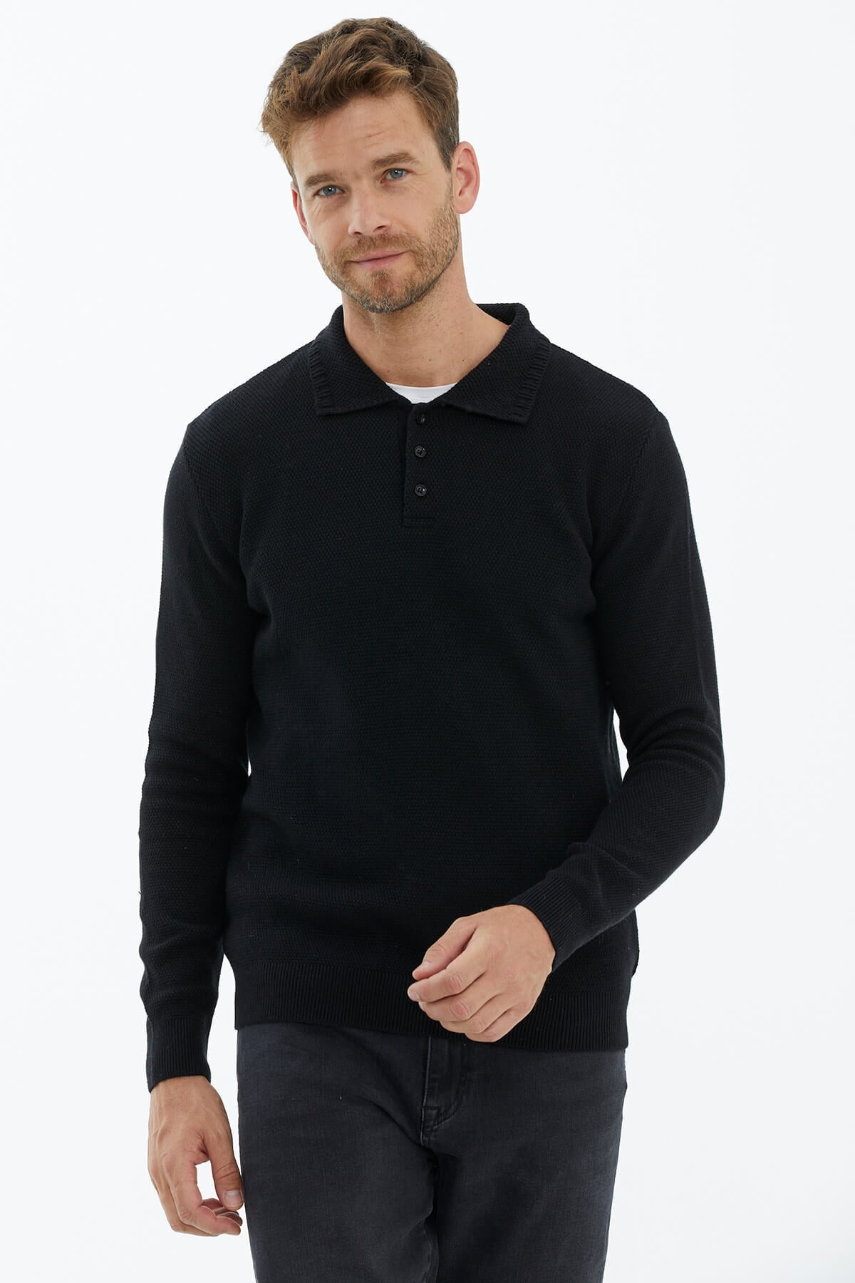Polo Yaka Düğmeli Triko Kazak - Siyah (2) Sementa