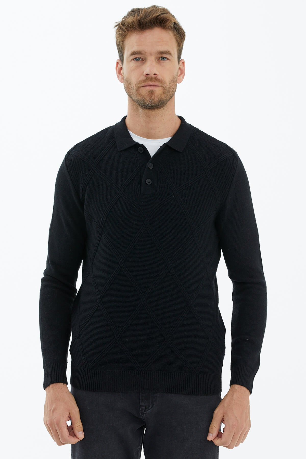 Polo Yaka Düğmeli Triko Kazak - Siyah (2) Sementa
