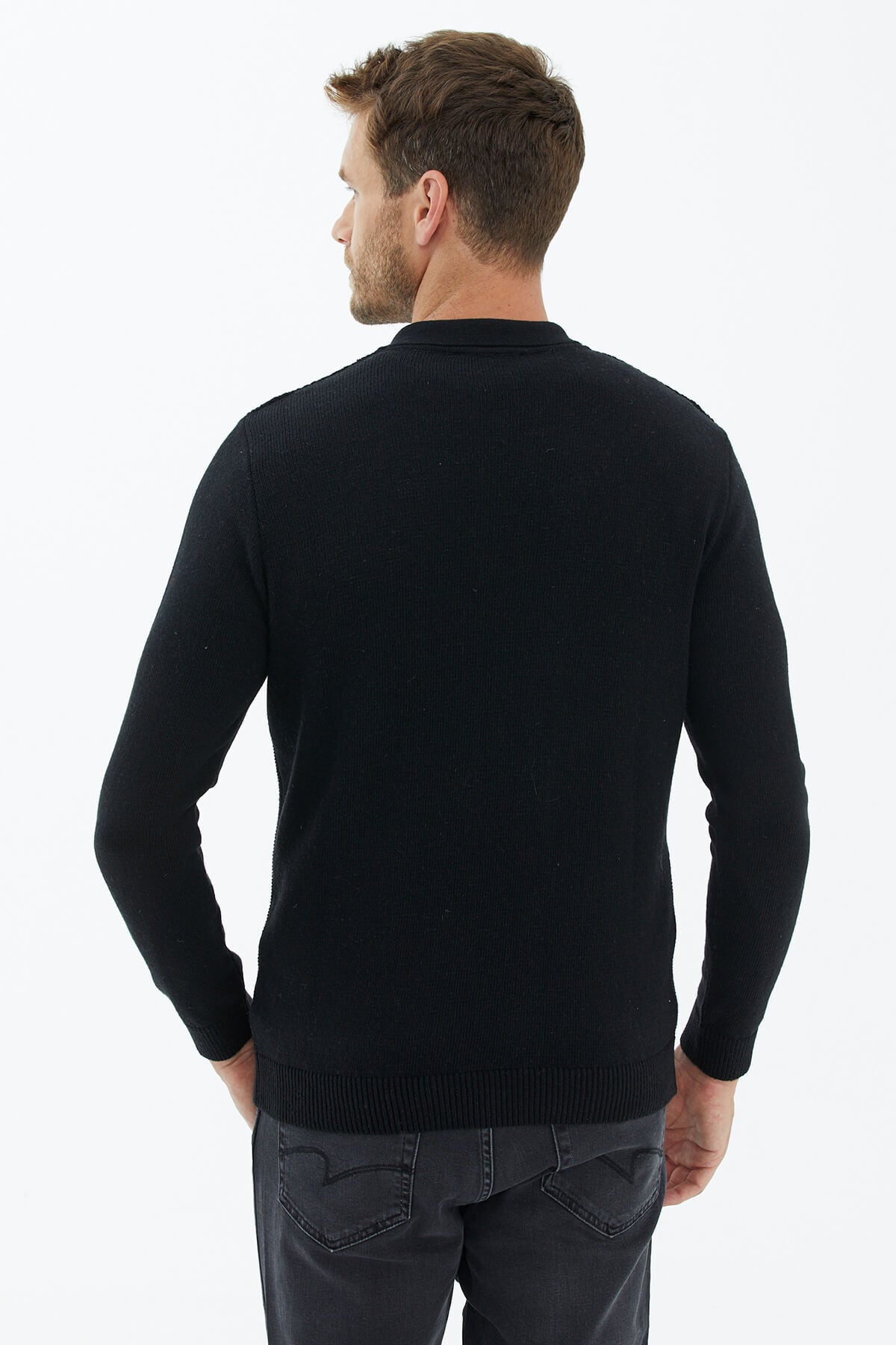 Polo Yaka Düğmeli Triko Kazak - Siyah (3) Sementa