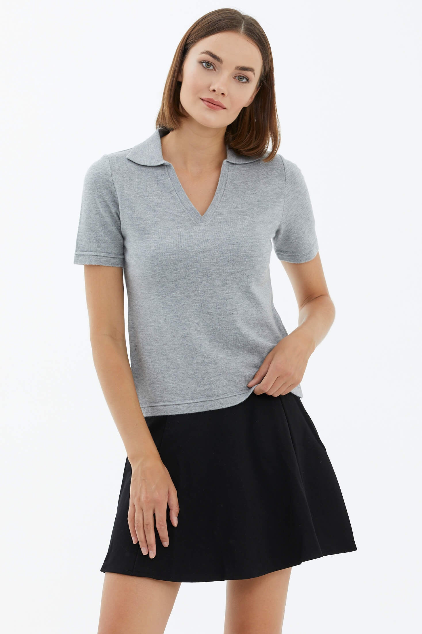 Polo Yaka Kısa Kol Triko Kazak - Açık Gri (1) Sementa