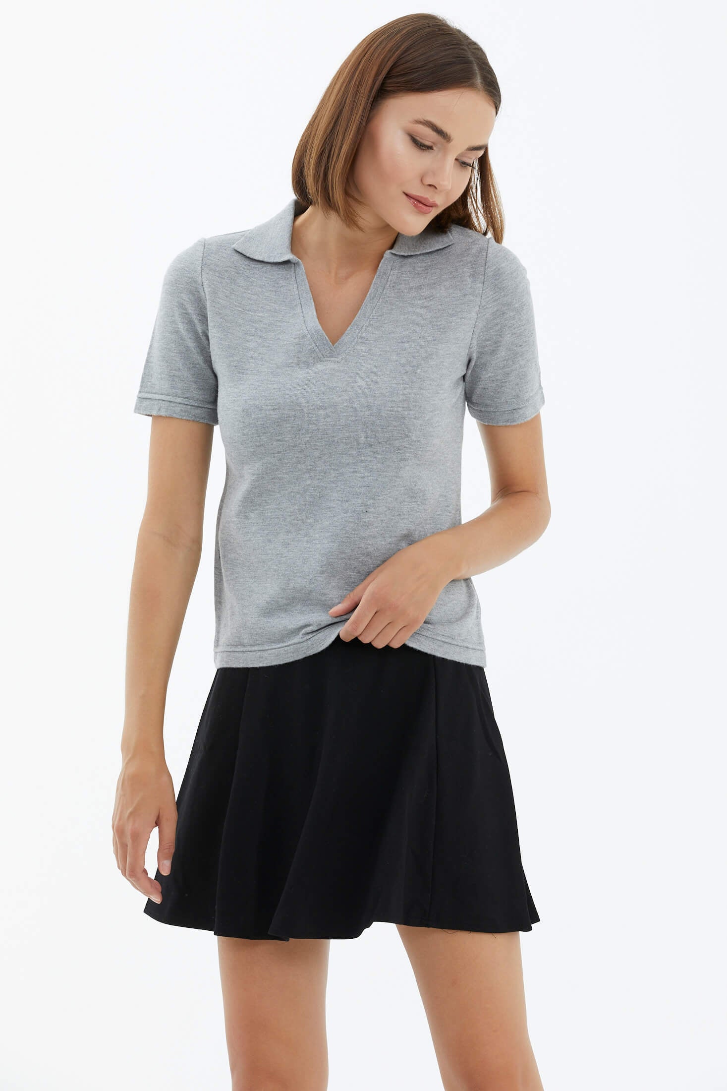 Polo Yaka Kısa Kol Triko Kazak - Açık Gri (2) Sementa