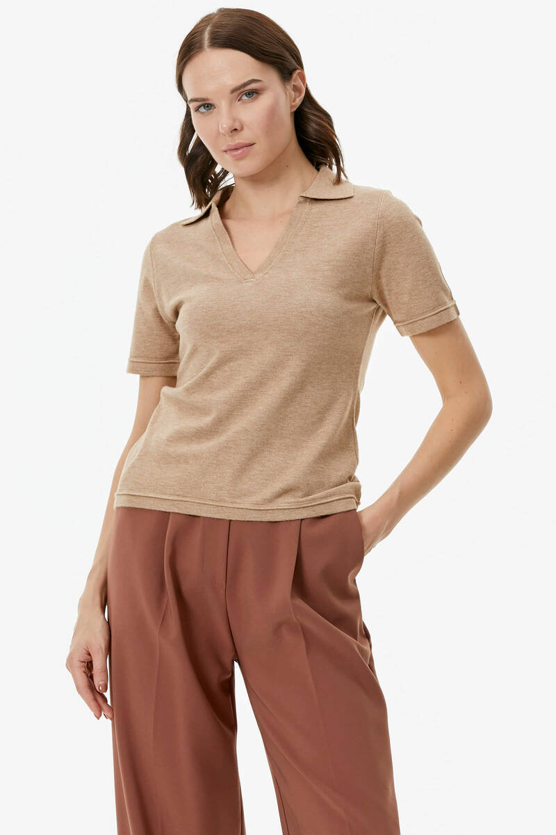 Polo Yaka Kısa Kol Triko Kazak - Bej (1) Sementa