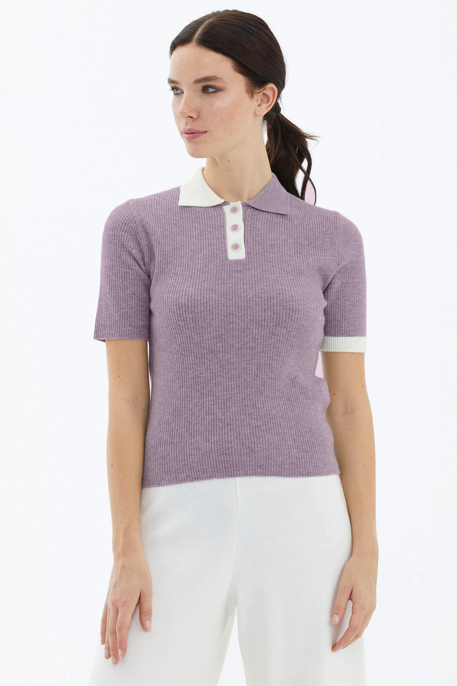 Polo Yaka Patlı Düğmeli Kısa Kollu Triko Kazak - Gül (1) Sementa