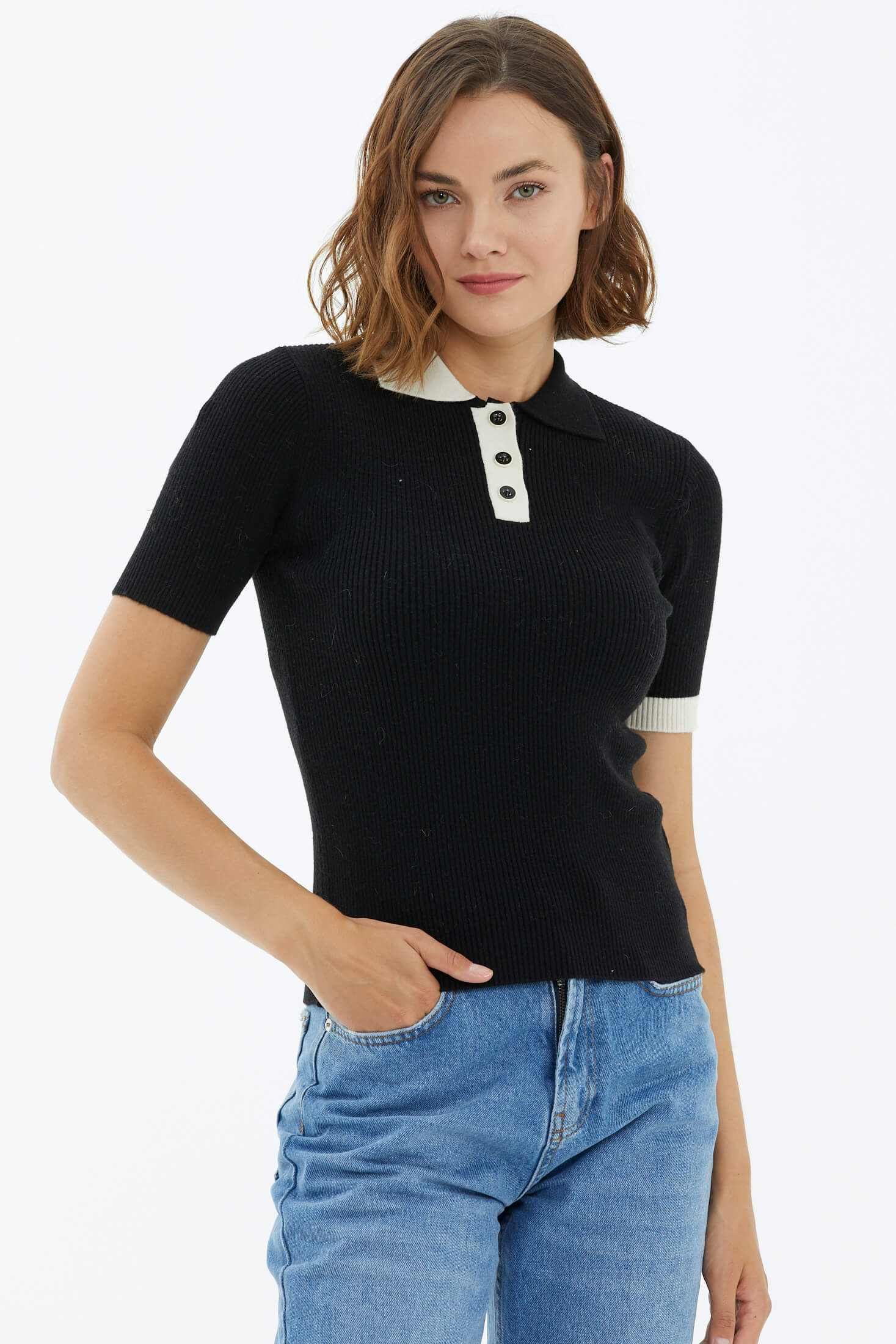 Polo Yaka Patlı Düğmeli Kısa Kollu Triko Kazak - Siyah (2) Sementa