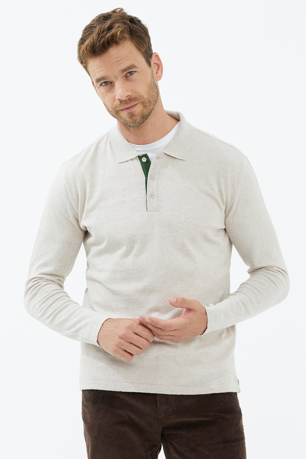 Polo Yaka Patlı Düğmeli Triko Kazak - Bej (2) Sementa