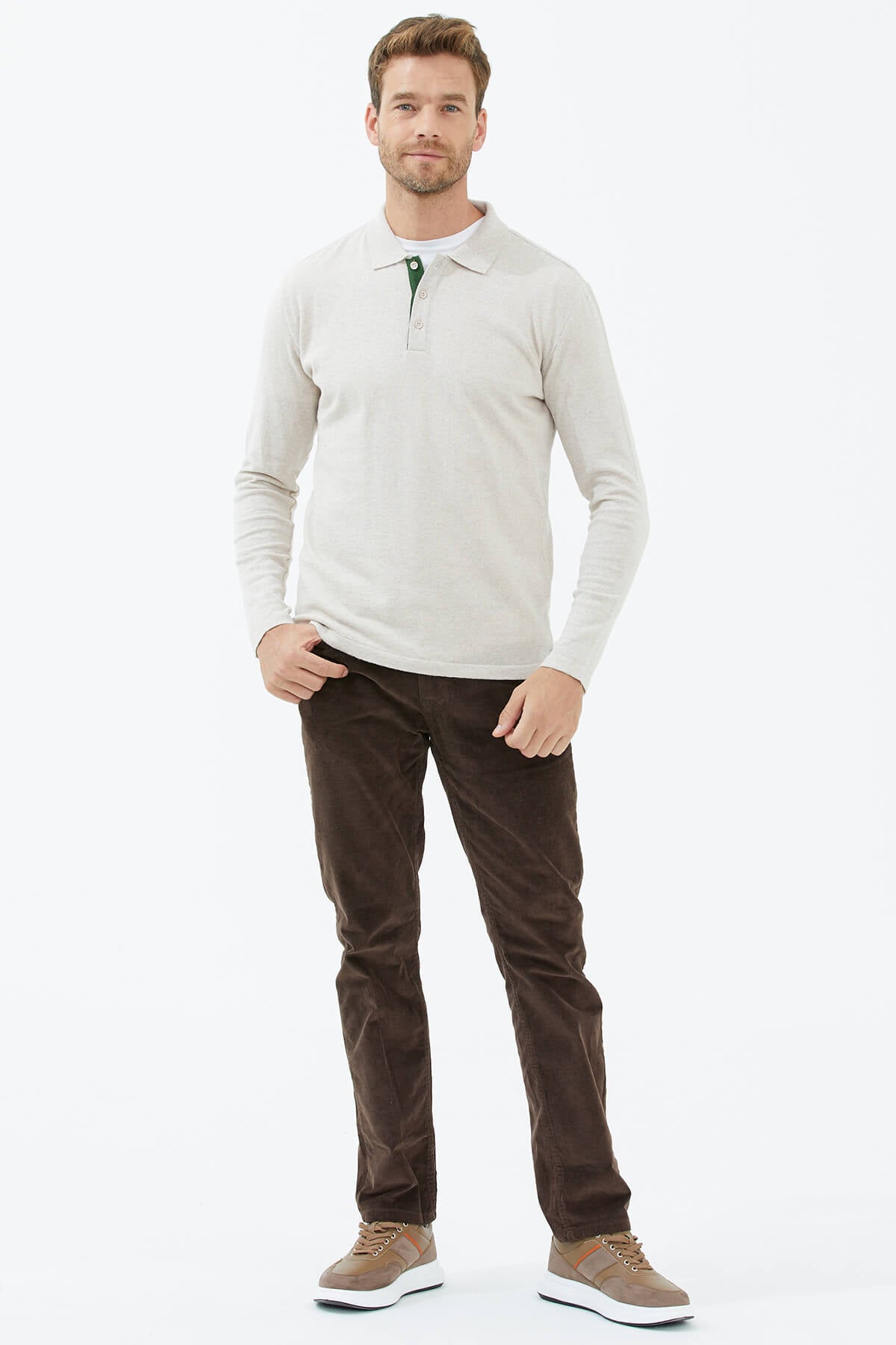 Polo Yaka Patlı Düğmeli Triko Kazak - Bej (4) Sementa