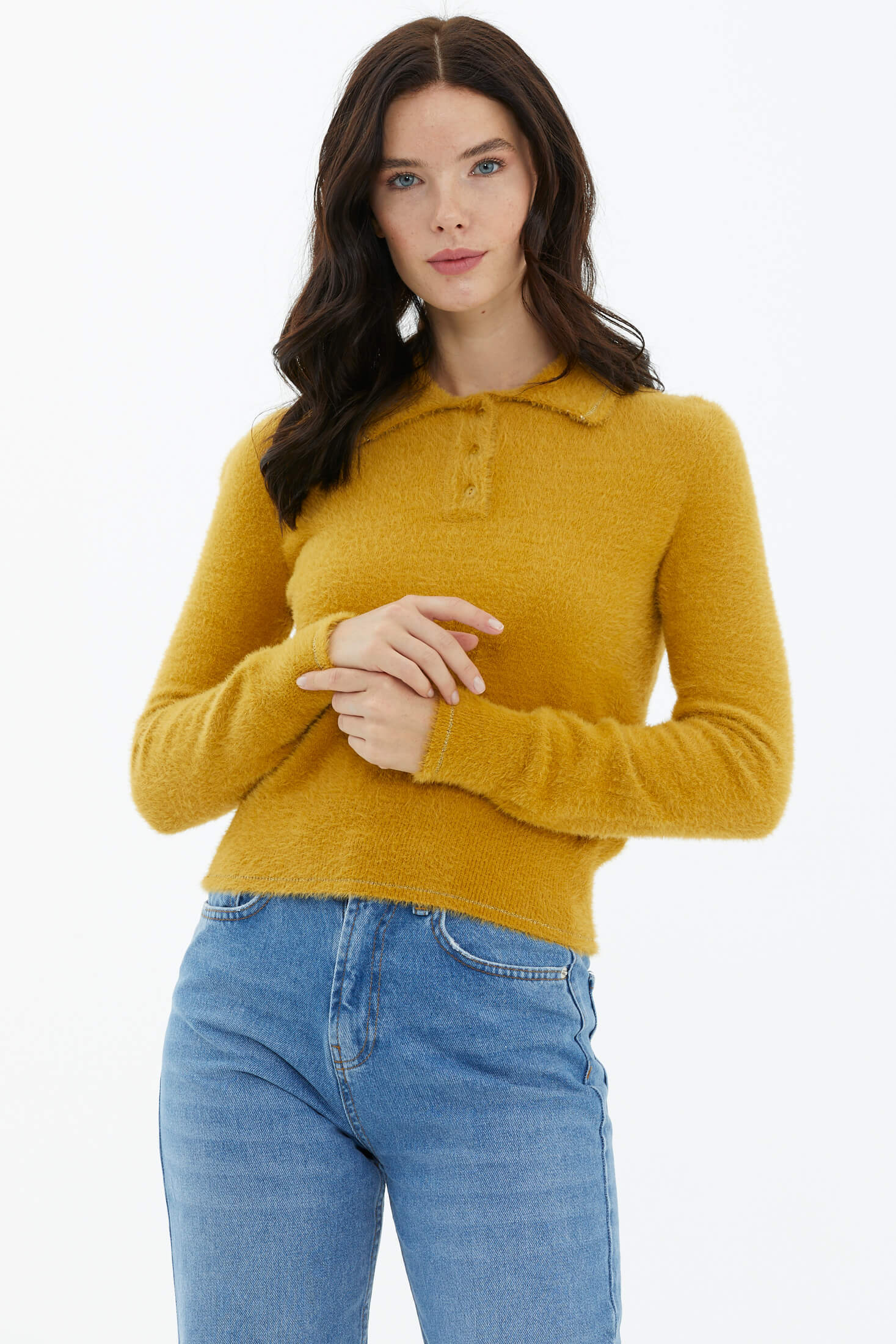 Polo Yaka Patlı Düğmeli Triko Kazak - Hardal (1) Sementa