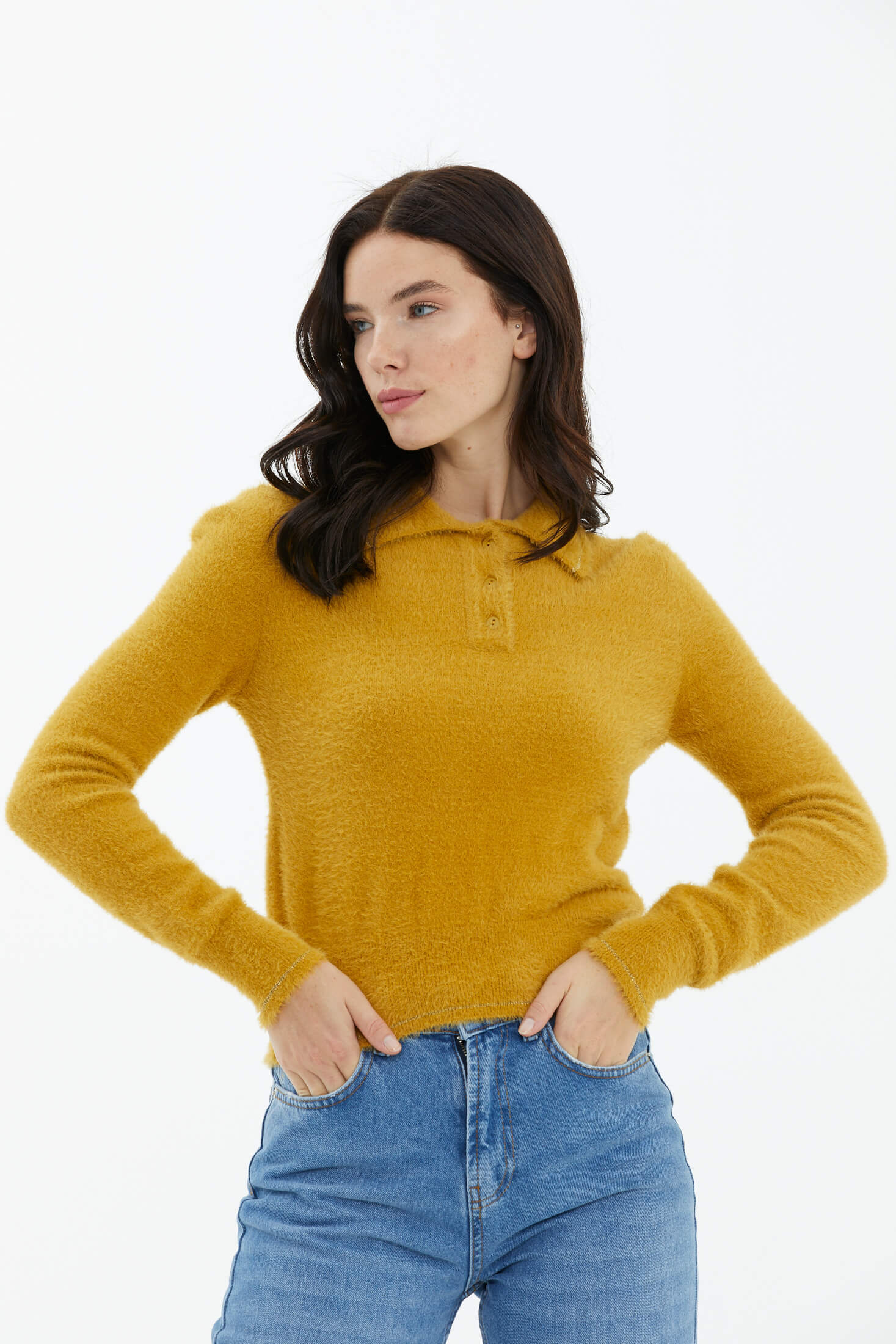 Polo Yaka Patlı Düğmeli Triko Kazak - Hardal (2) Sementa