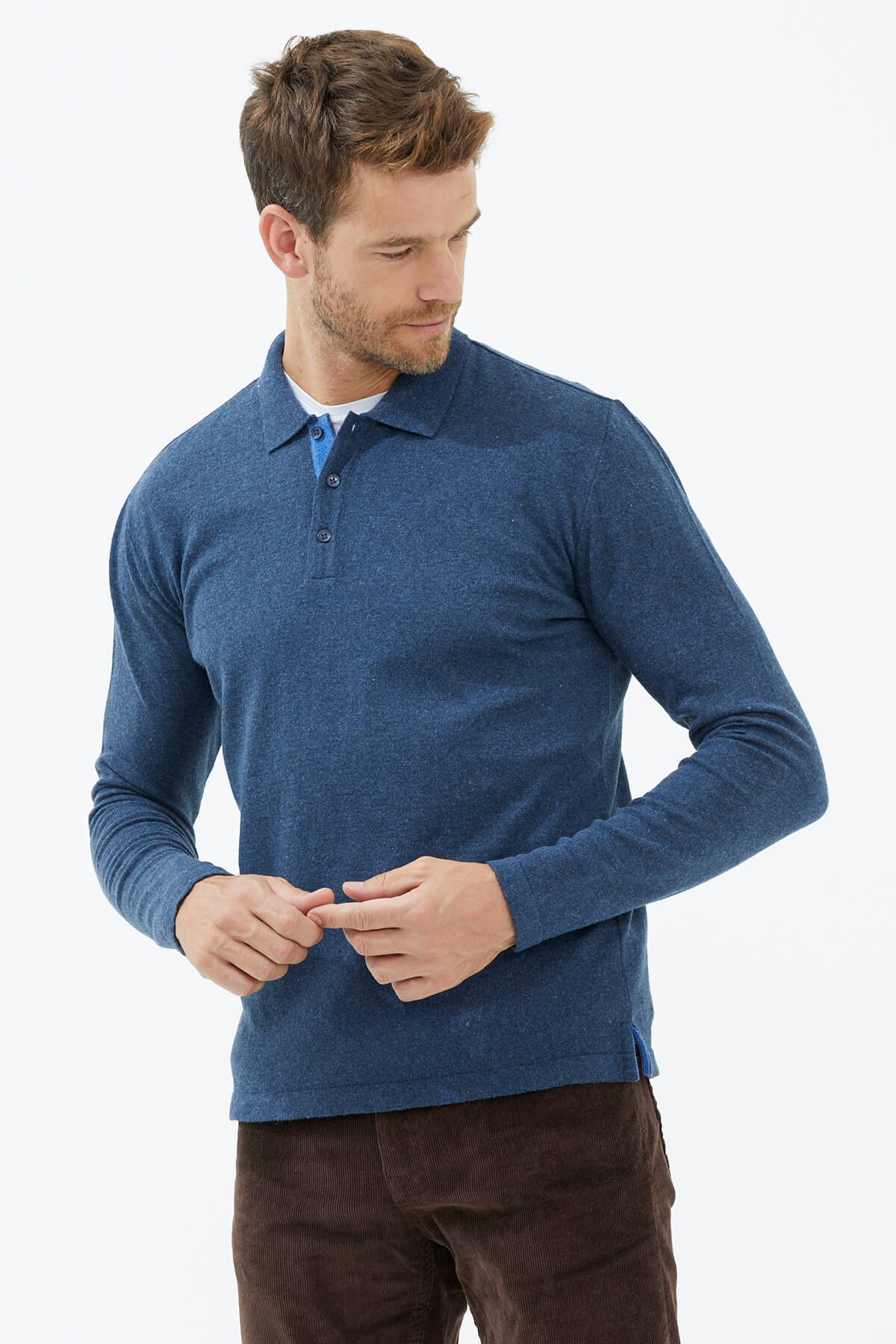 Polo Yaka Patlı Düğmeli Triko Kazak - Indigo (2) Sementa