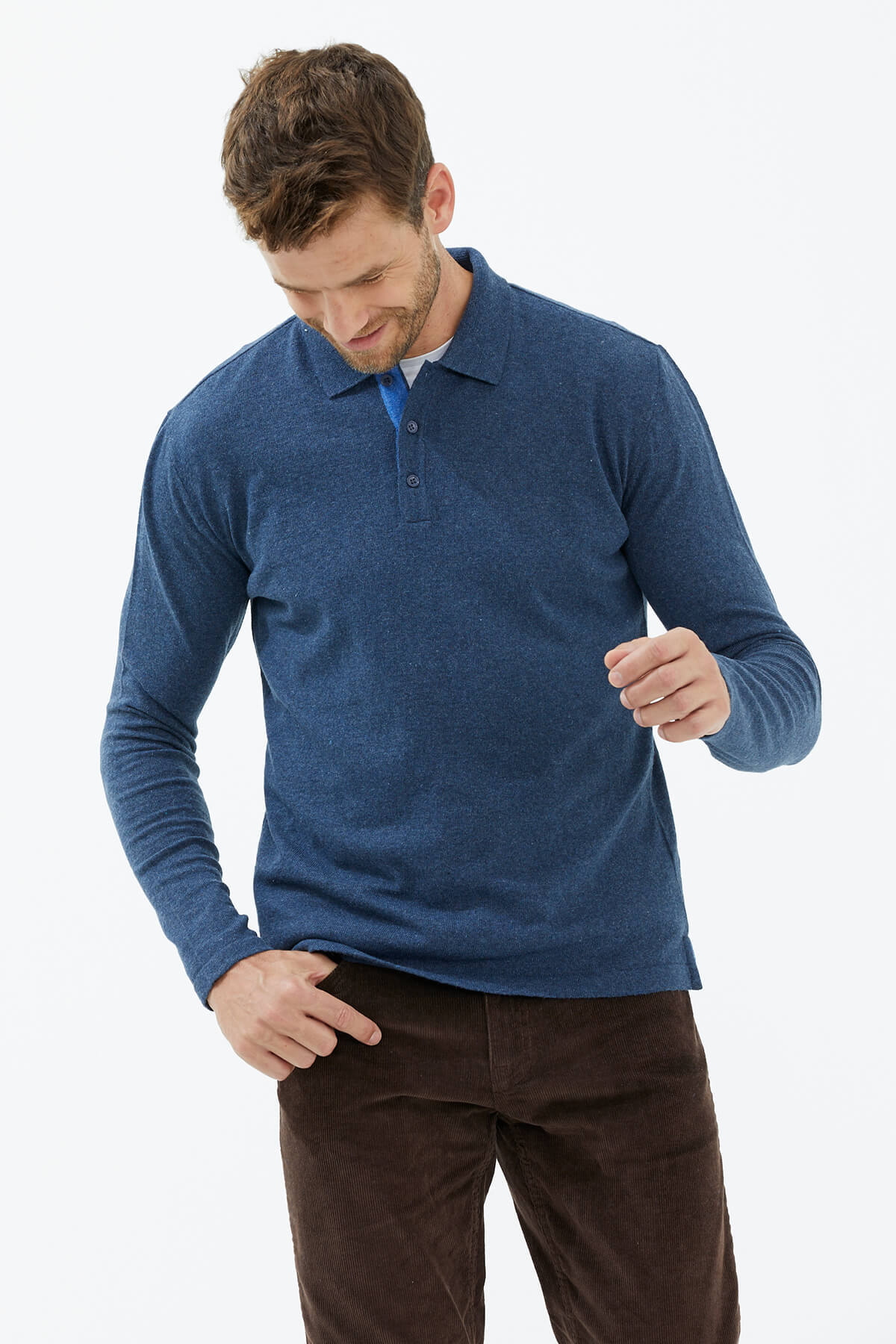 Polo Yaka Patlı Düğmeli Triko Kazak - Indigo (3) Sementa