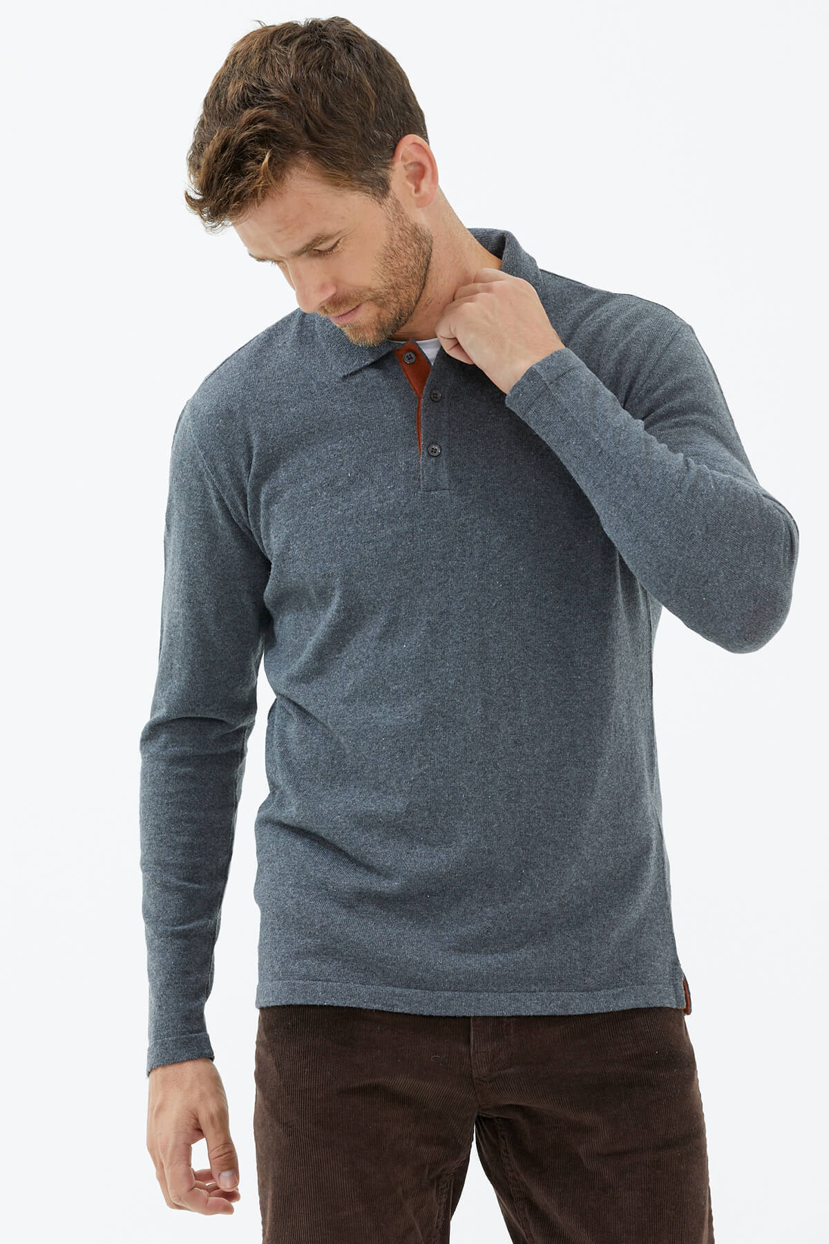 Polo Yaka Patlı Düğmeli Triko Kazak - Koyu Gri (2) Sementa