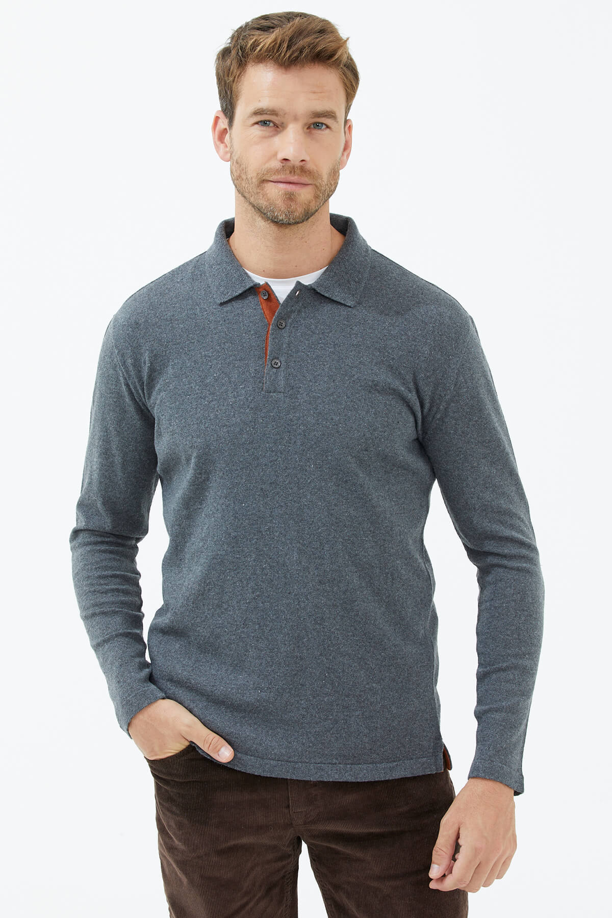 Polo Yaka Patlı Düğmeli Triko Kazak - Koyu Gri (3) Sementa